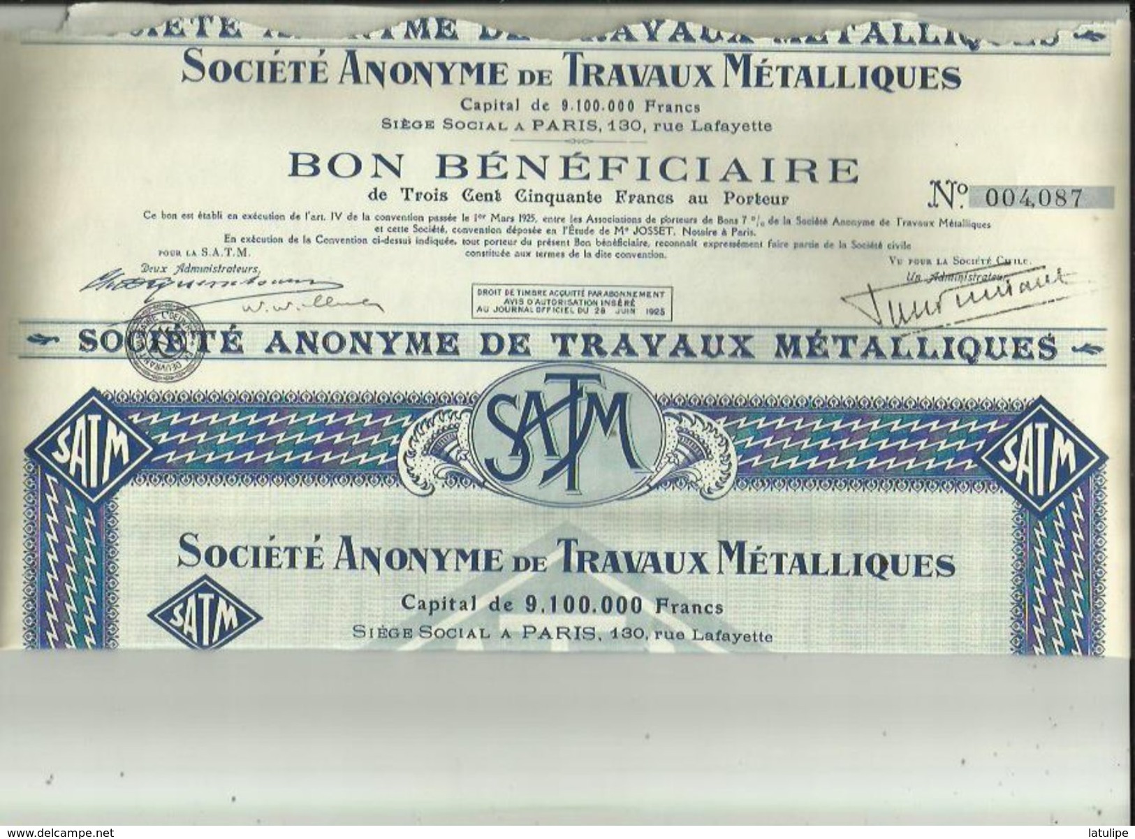 Documents Commerciaux De S A T M  A Paris No 004.087 ( Bon Beneficiaire De 350frs Au Porteur_1925 Voir Scan Le Details - 1900 – 1949