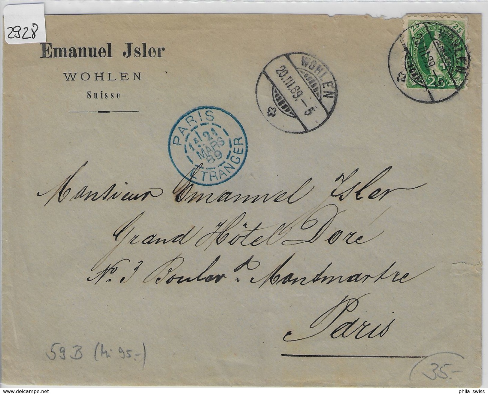 1889 Stehende Helvetia/Helvetie Debout 67B/59XB - Stempel: Wohlen To Paris 20.III.89 - Briefe U. Dokumente