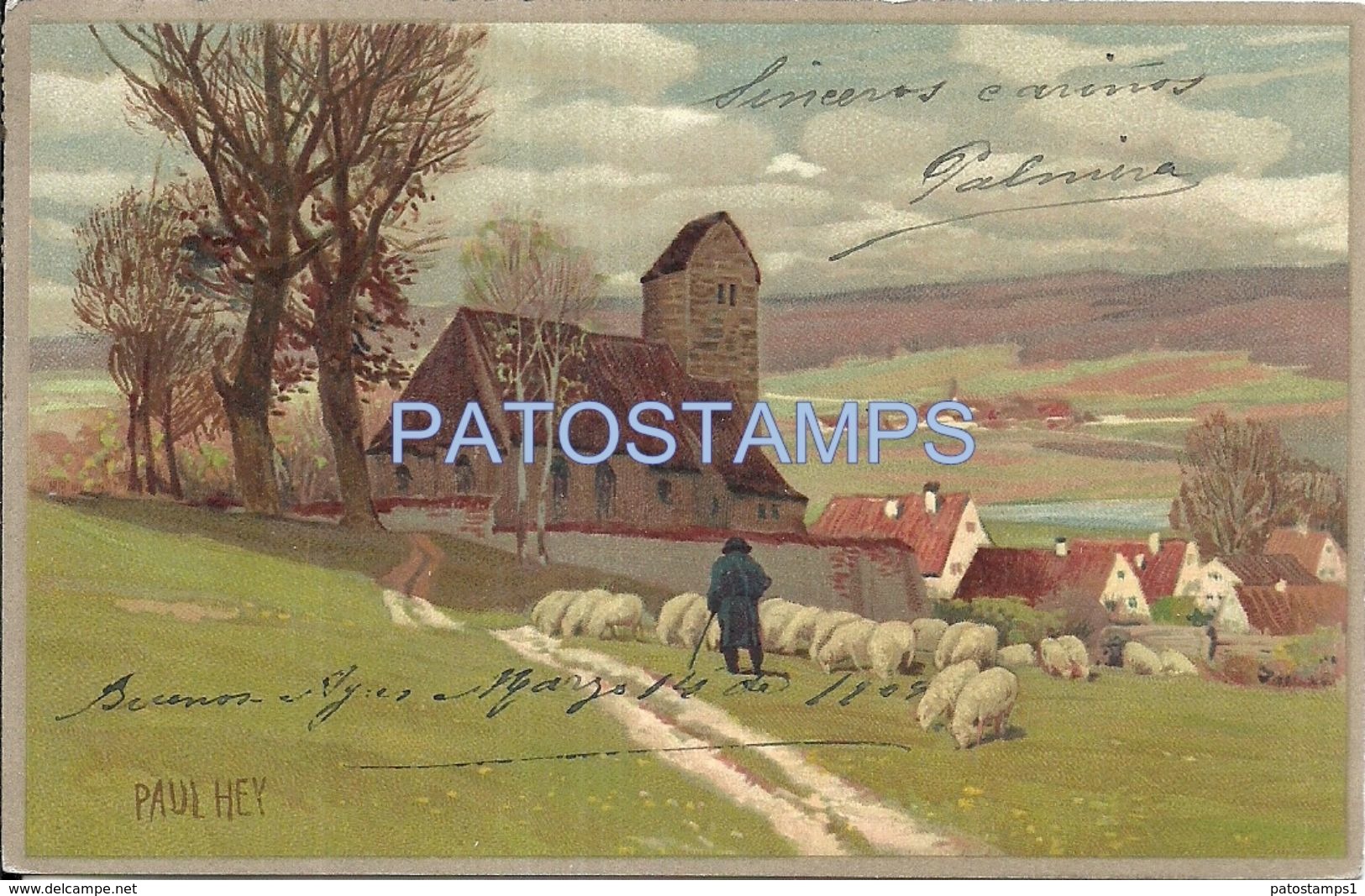 75625 ART ARTE SIGNED PAUL HEY LANDSCAPE SHEPHERD WITH SHEEP CIRCULATED TO ARGENTINA POSTAL POSTCARD - Non Classés
