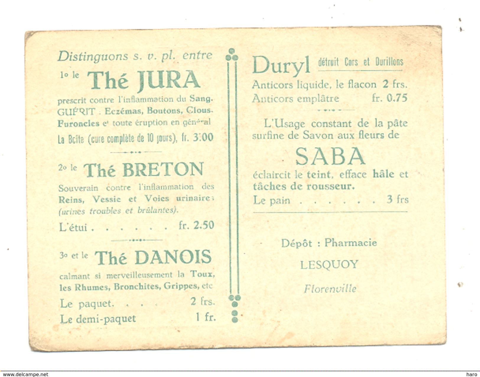 Calendrier De Poche 1924 - Savon " SABA ", Thé, Emplâtre,... Pharmacie Lesquoy à FLORENVILLE (b209) - Grand Format : 1921-40