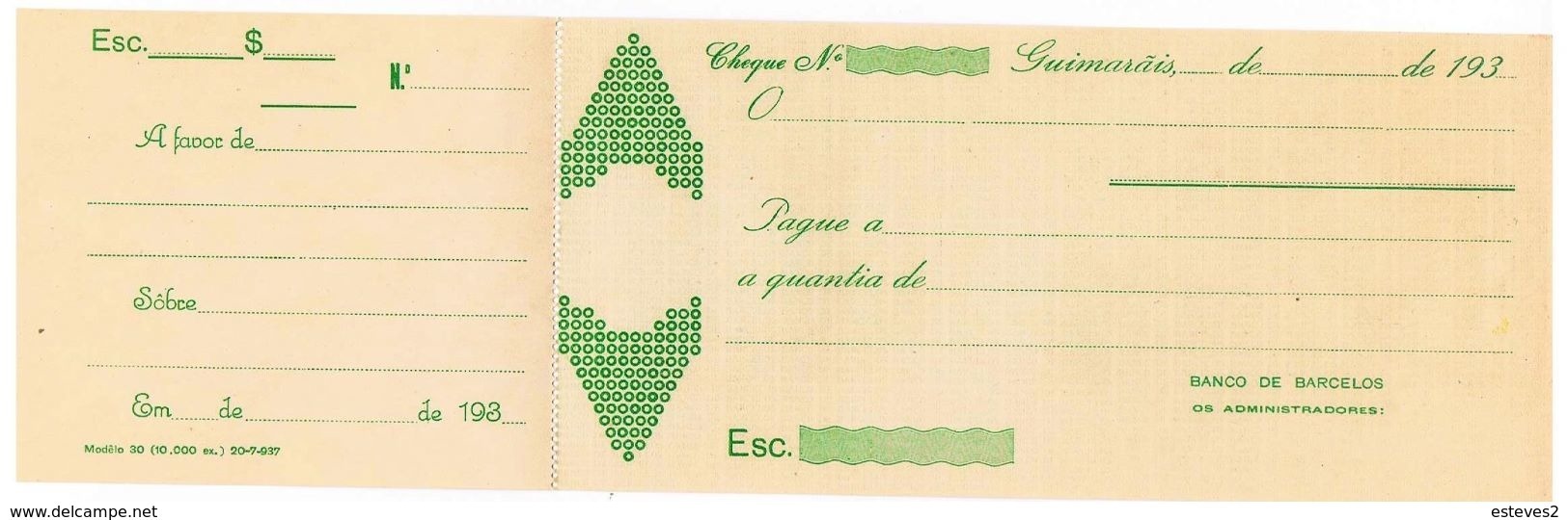 Portugal , Cheque , Check , Banco De Barcelos , 1937 , Without Tax Print - Assegni & Assegni Di Viaggio