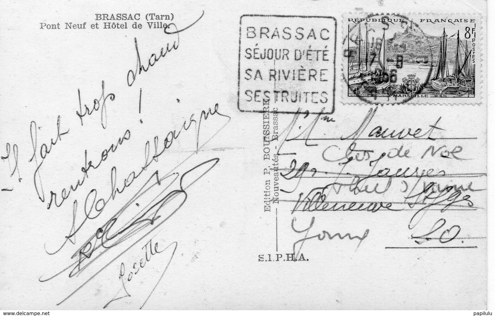 DEPT 81 : édit. P Bouissière A Brassac , Pont Neuf Et Hotel De Ville ( Flamme Brassac Sa Rivière Ses Truites ) - Brassac