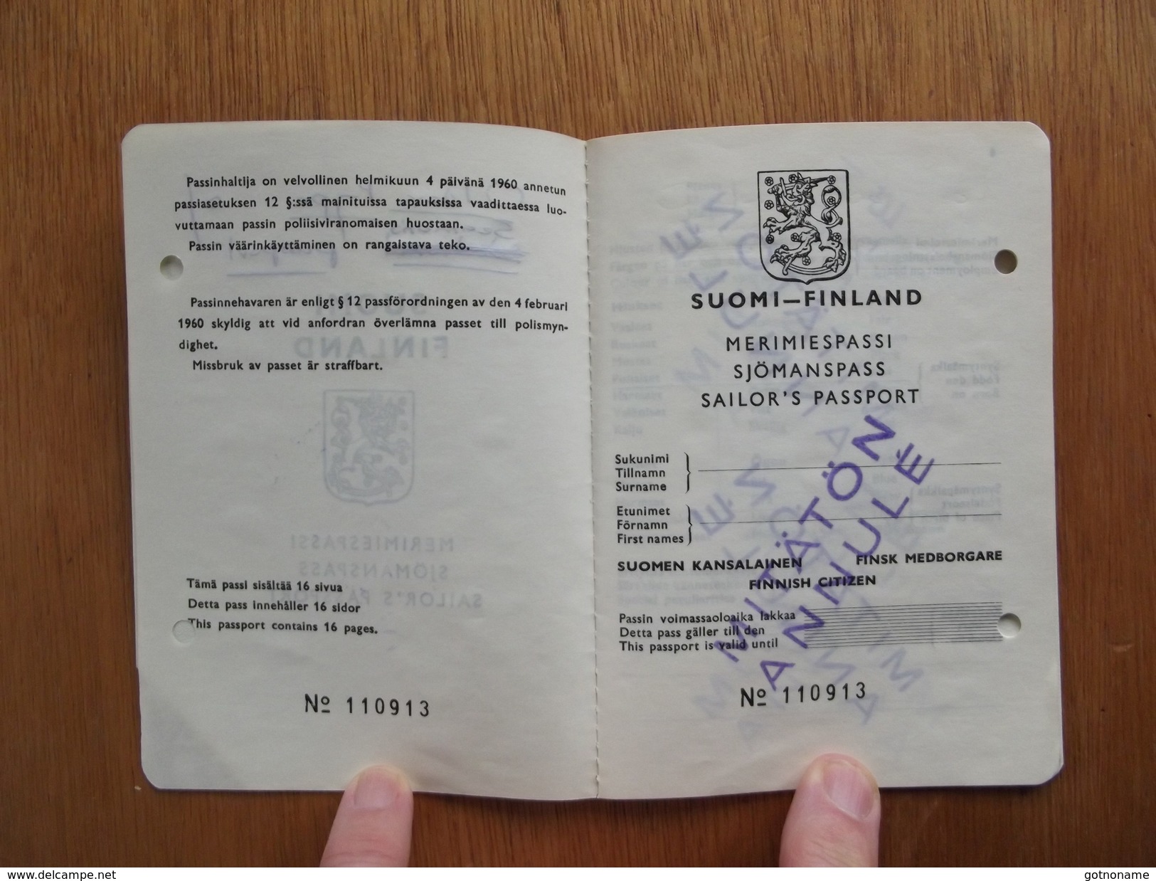 Passeport, Passport, Reisepass, Finlande, Suomi, Passeport Pour Marin, Document En Blanc, C. 1975. Seaman's Passport - Documents Historiques