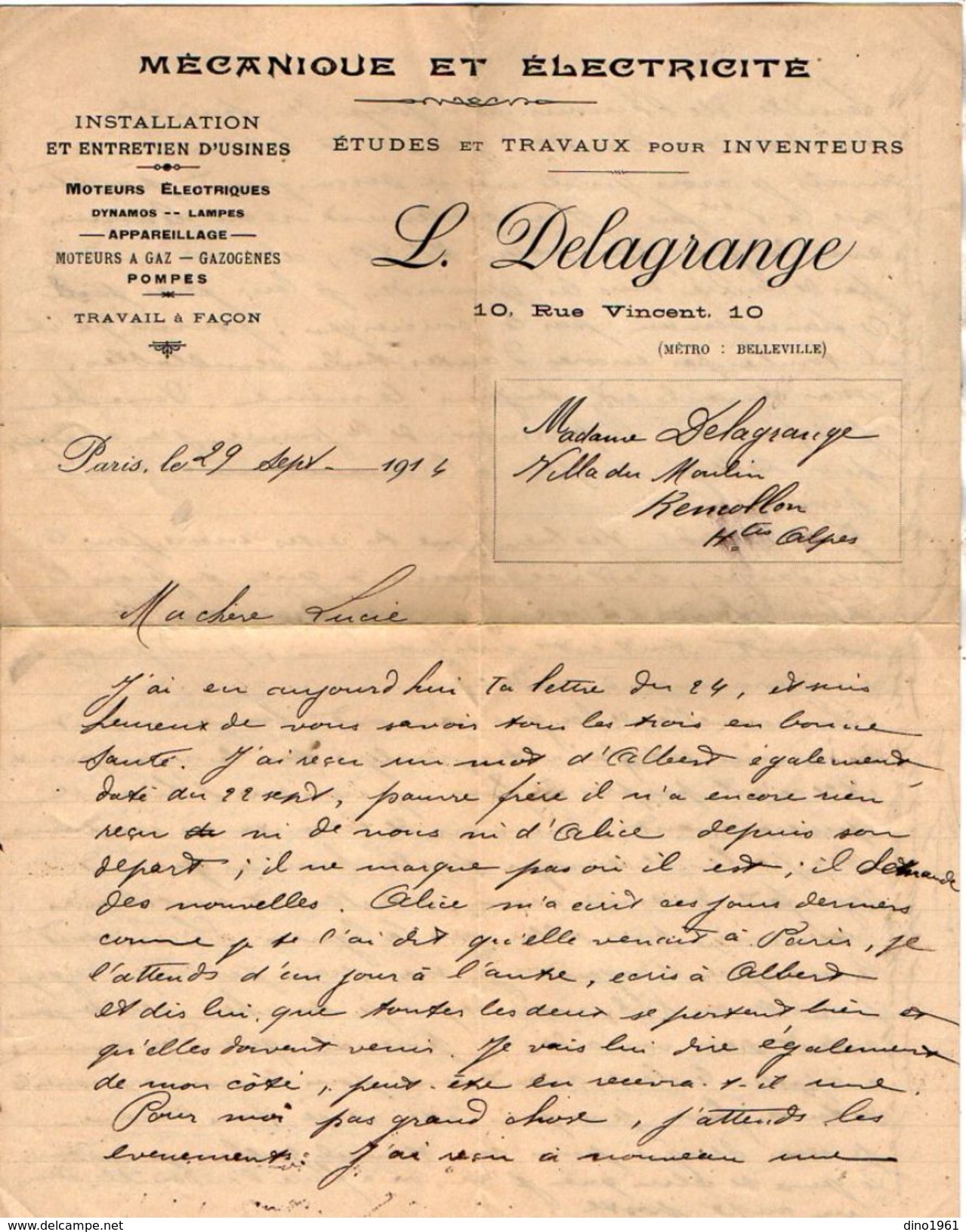 VP10.533 - Lettre - Mécanique & Electricité Industrielle .... L.DELAGRANGE à PARIS Rue Vincent - Elektrizität & Gas