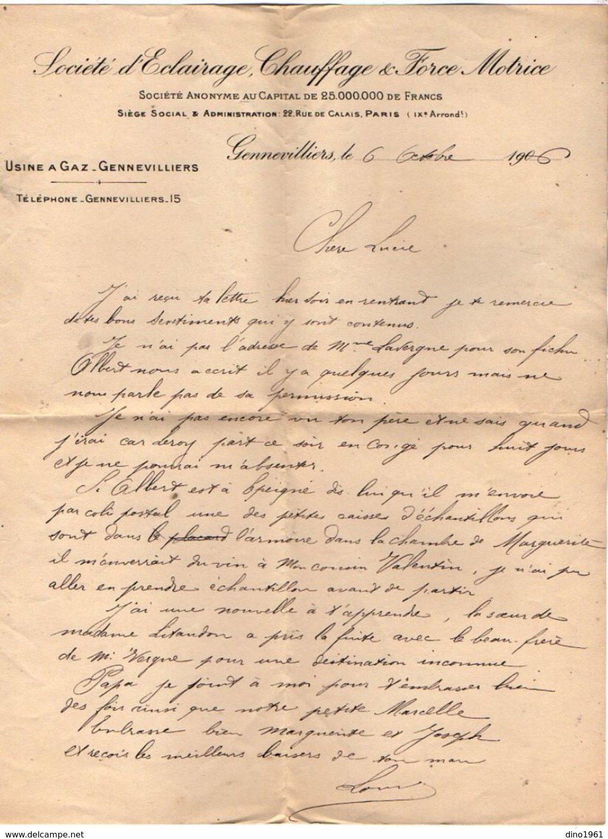 VP10.534 - Lettre - Société D'Eclairage, Chauffage & Force Motrice - Usine A Gaz à GENNEVILLIERS - Electricité & Gaz