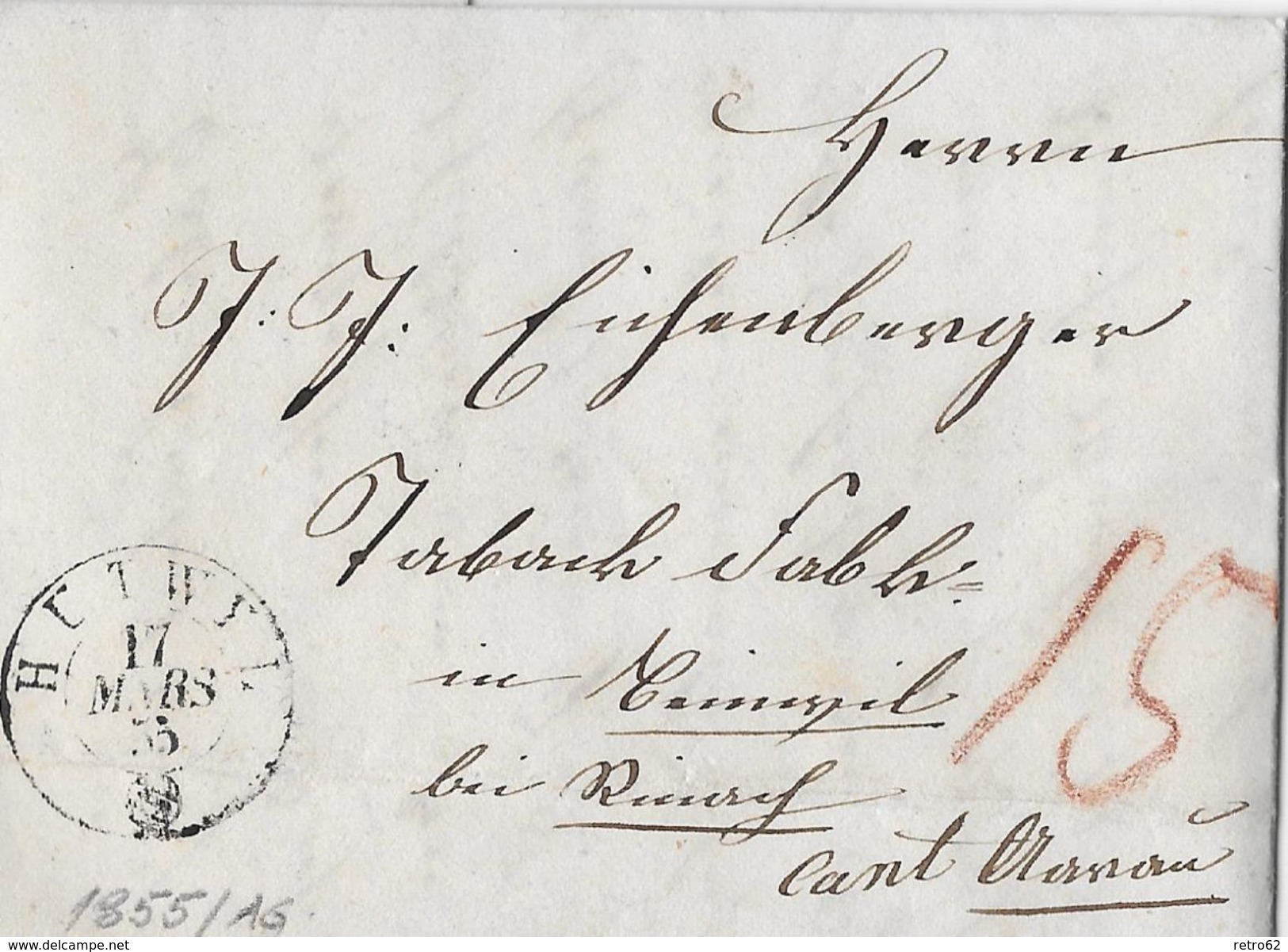 BoM Brief Ohne Marke &rarr; 1855 HUTWYL Nach REINACH &#x25BA;Stempel Aarau Im Kasten&#x25C4; - Autres & Non Classés