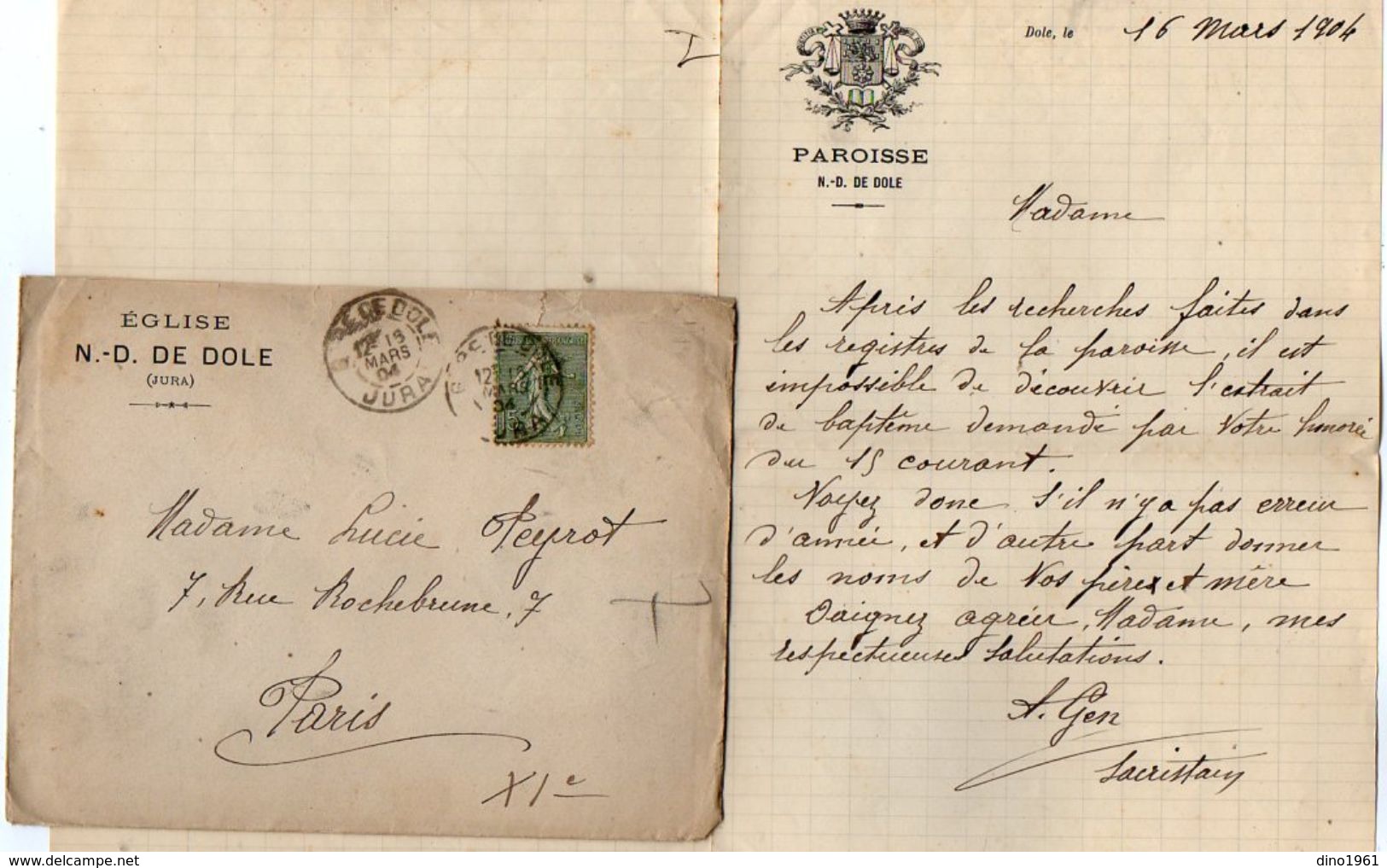 VP10.536 - Enveloppe & Lettre De Mr A. GEN Sacristain à N.D. De DOLE ( Jura ) - Manuscripten