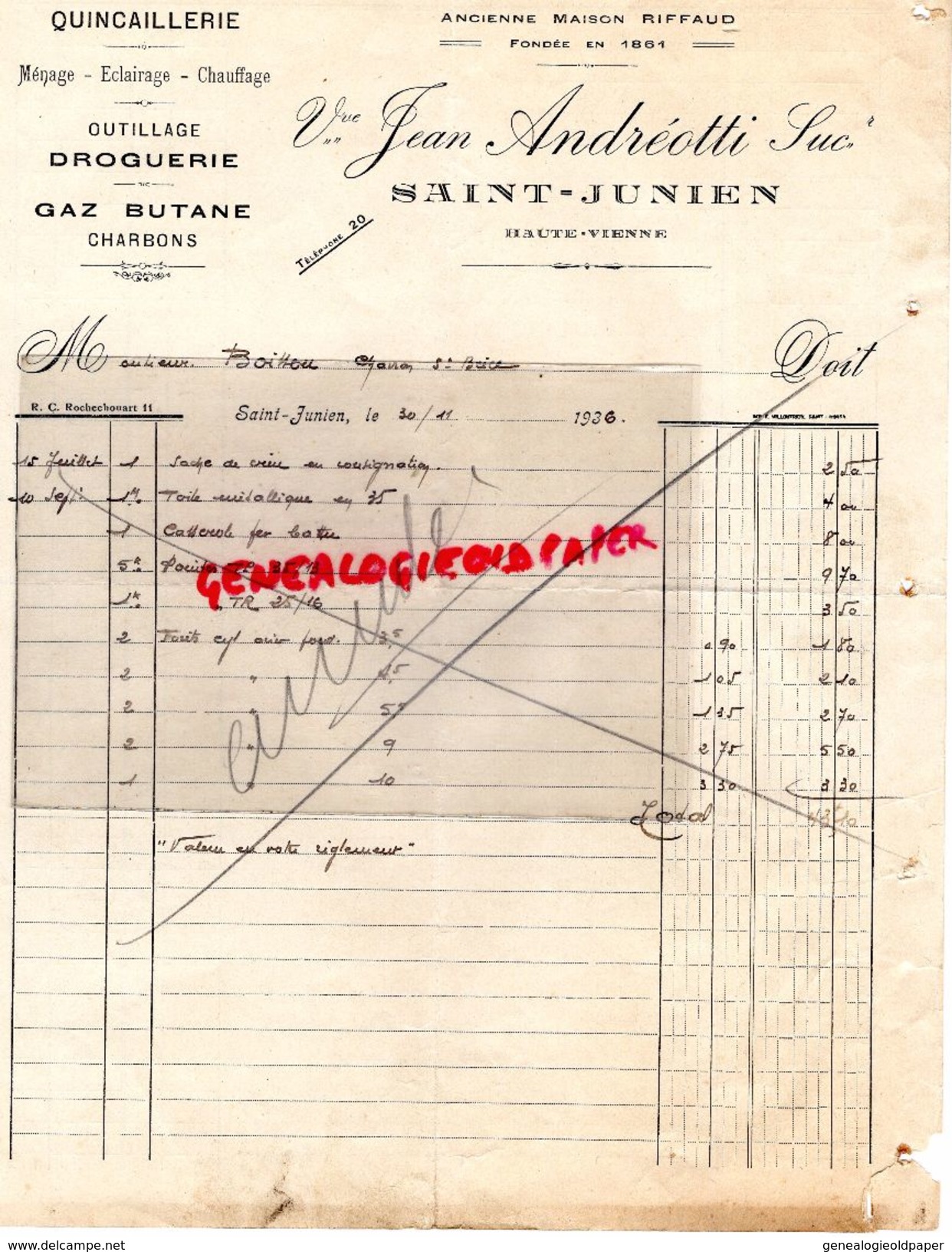 87 -SAINT JUNIEN -FACTURE VVE JEAN ANDREOTTI- RIFFAUD- QUINCAILLERIE CHAUFFAGE DROGUERIE GAZ BUTANE- 1936 - Ambachten