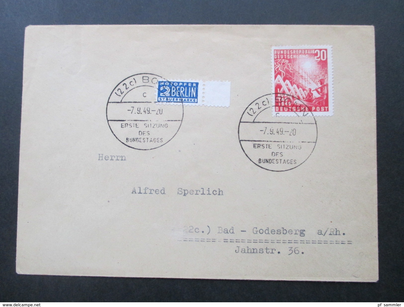 BRD 1949 Nr. 112 Eröffnung Des 1. Deutschen Bundestages. Sonderstempel / FDC. Notopfer Mit Bogenrand! Erste Sitzung - Cartas & Documentos