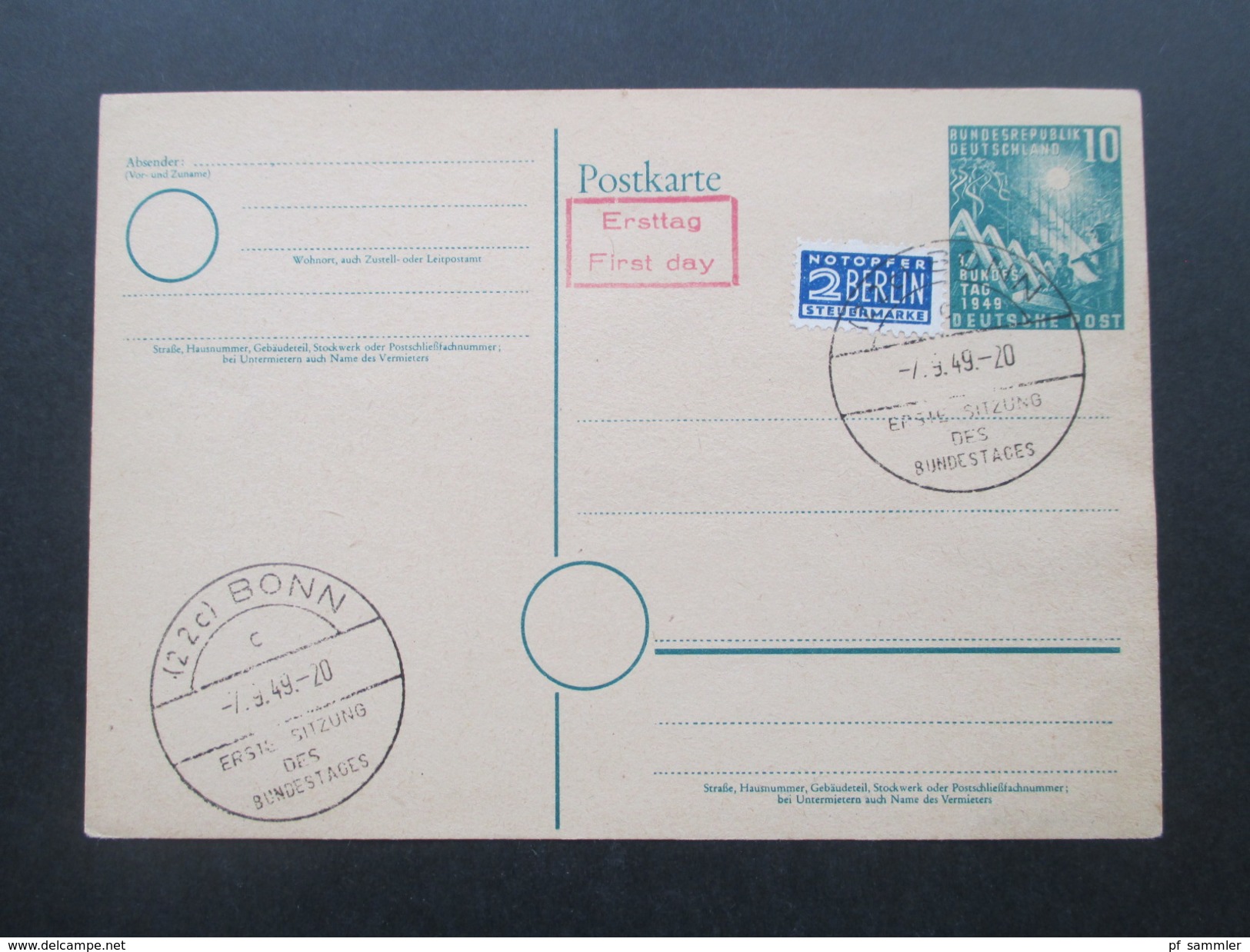 BRD 1949 PK / Ganzsachen PSi 1 (3x) Und PSo 2 (1x) Sonderstempel Erste Sitzung Des Bundestages. Ersttag / FDC - Postkarten - Ungebraucht