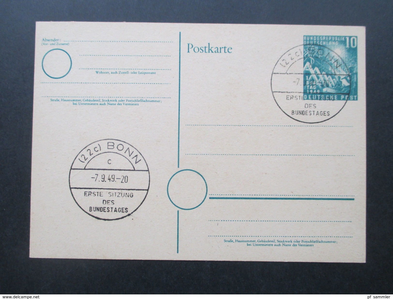 BRD 1949 PK / Ganzsachen PSi 1 (3x) Und PSo 2 (1x) Sonderstempel Erste Sitzung Des Bundestages. Ersttag / FDC - Postkarten - Ungebraucht