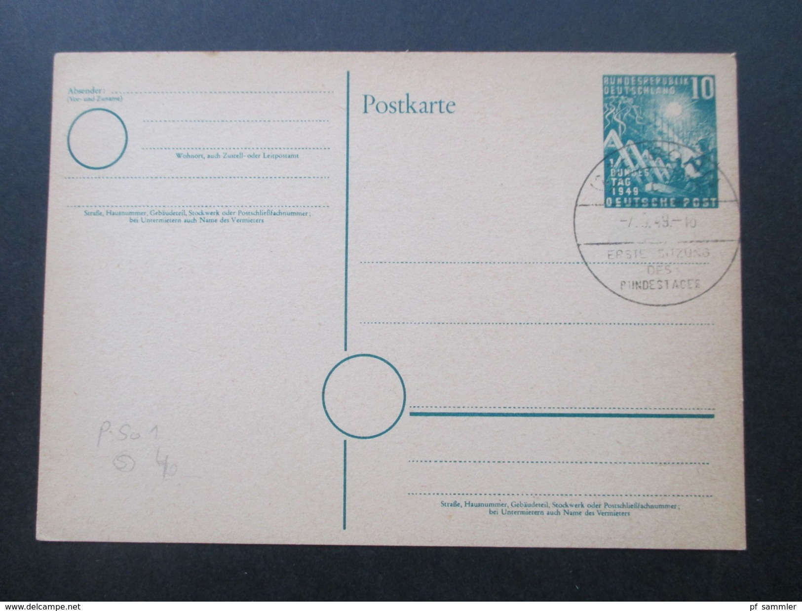 BRD 1949 PK / Ganzsachen PSi 1 (3x) und PSo 2 (1x) Sonderstempel Erste Sitzung des Bundestages. Ersttag / FDC