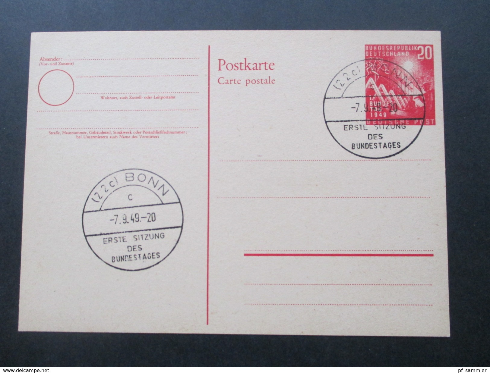 BRD 1949 PK / Ganzsachen PSi 1 (3x) und PSo 2 (1x) Sonderstempel Erste Sitzung des Bundestages. Ersttag / FDC