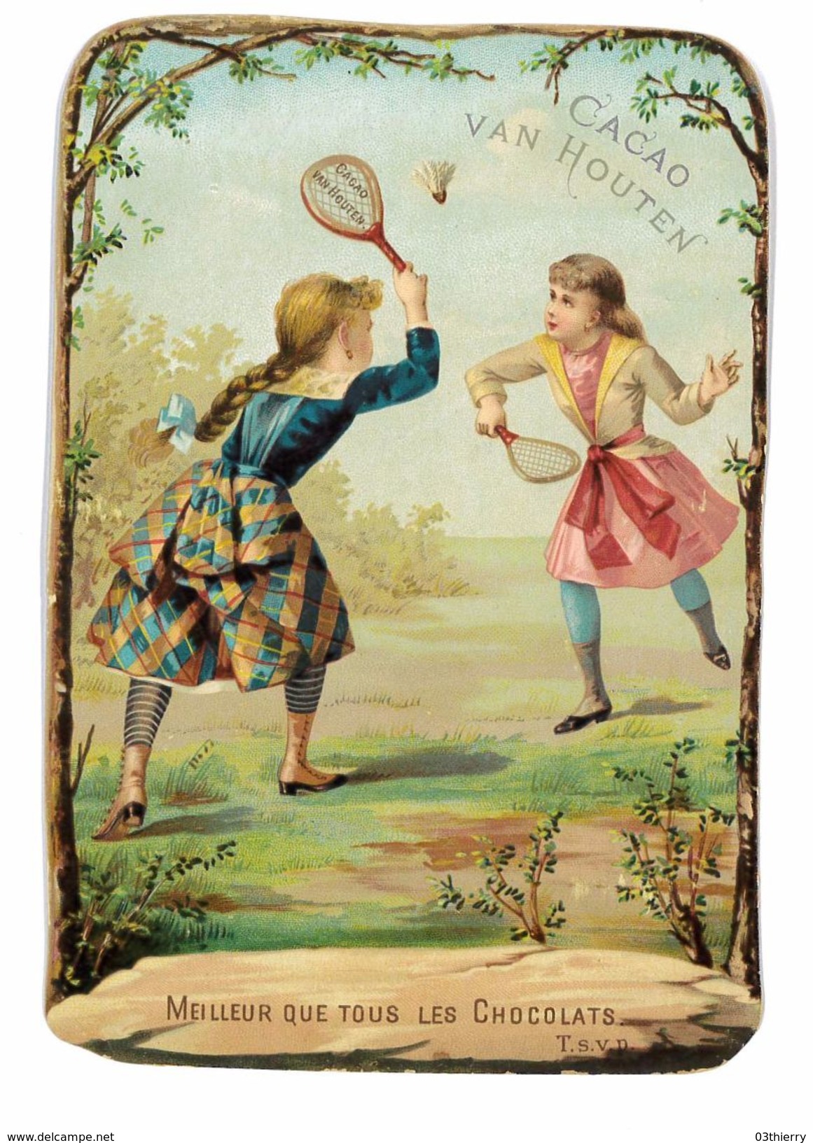 GRANDE CHROMO IMAGE CACAO VAN HOUTEN 11X16 ENFANTS JOUANT AUX RAQUETTES DOS ABIME - Van Houten