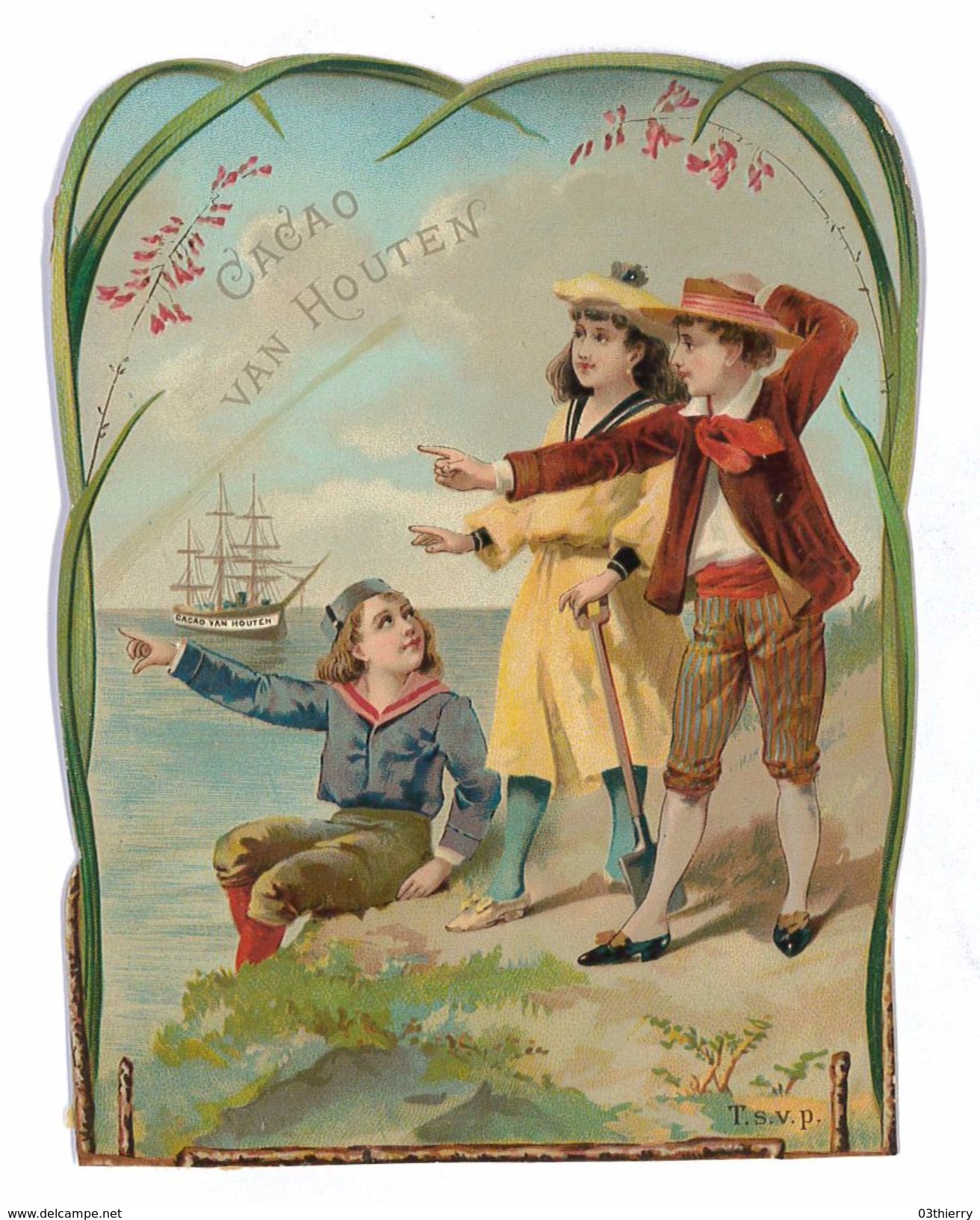 GRANDE CHROMO IMAGE CACAO VAN HOUTEN 11X14.5 ENFANTS ATTENDANT LE NAVIRE DOS ABIME - Van Houten