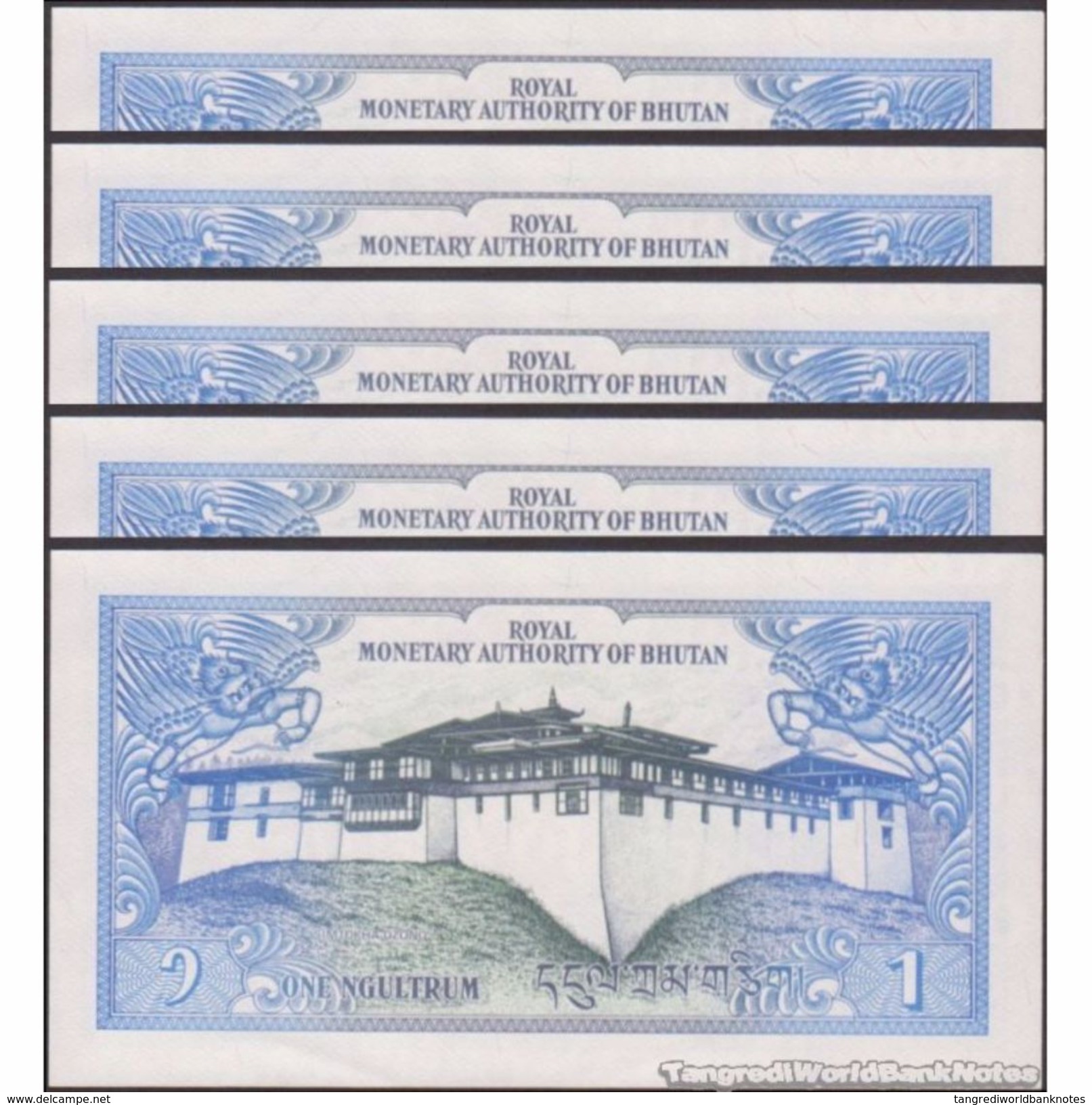 TWN - BHUTAN 12a - 1 Ngultrum 1986 DEALERS LOT X 5 - Prefix A/2 UNC - Bhután