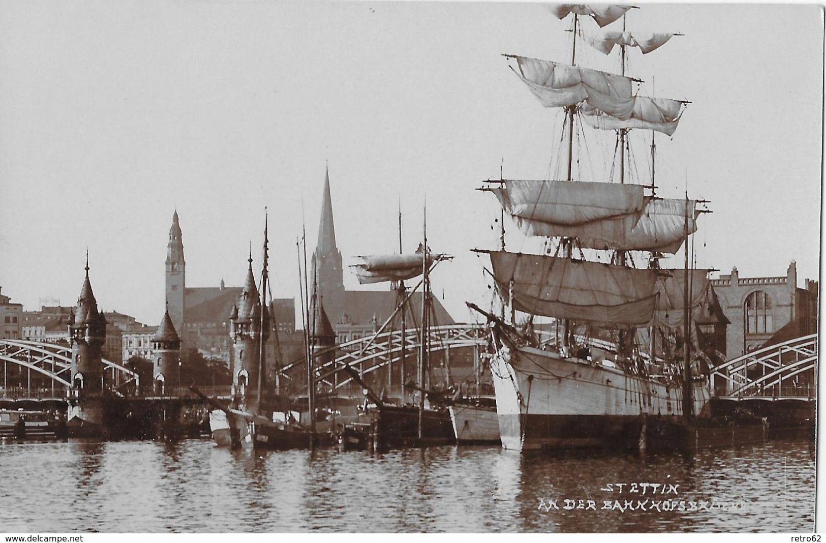 STETTIN &rarr; Hafen Mit Segelschiffe & Bahnhofsbrücke, Fotokarte Ca.1930 - Polen