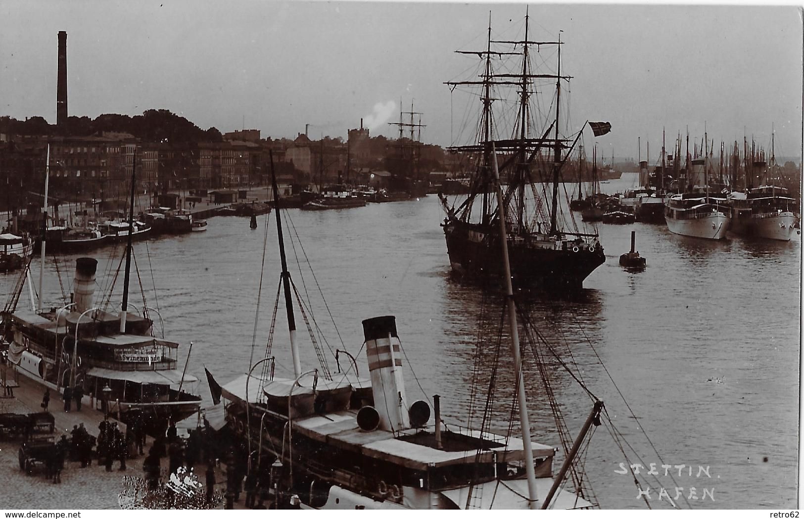 STETTIN &rarr; Hafen Mit Segelschiffe & Dampfschiffe, Fotokarte Ca.1930 - Polen