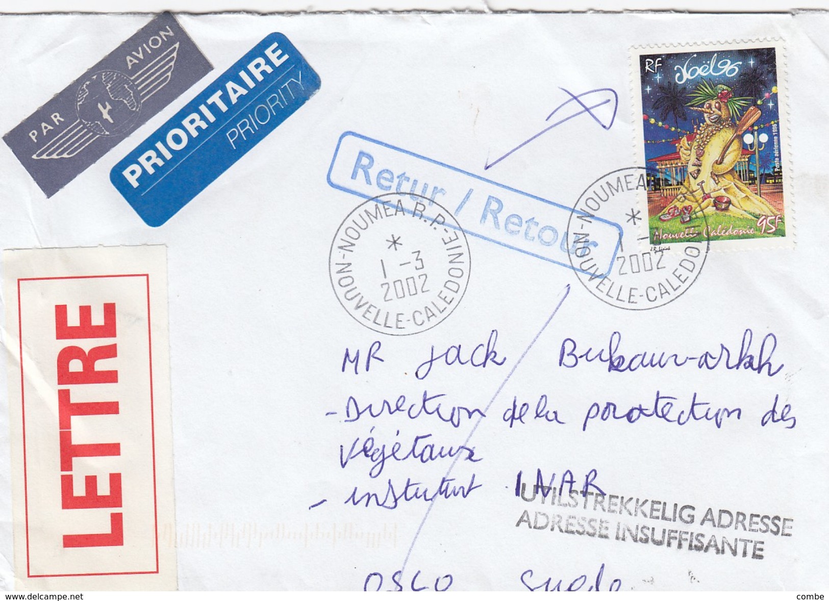 COVER NOUVELLE-CALEDONIE TO OSLO ADRESSE INSUFFISANTE RETURN - Covers & Documents