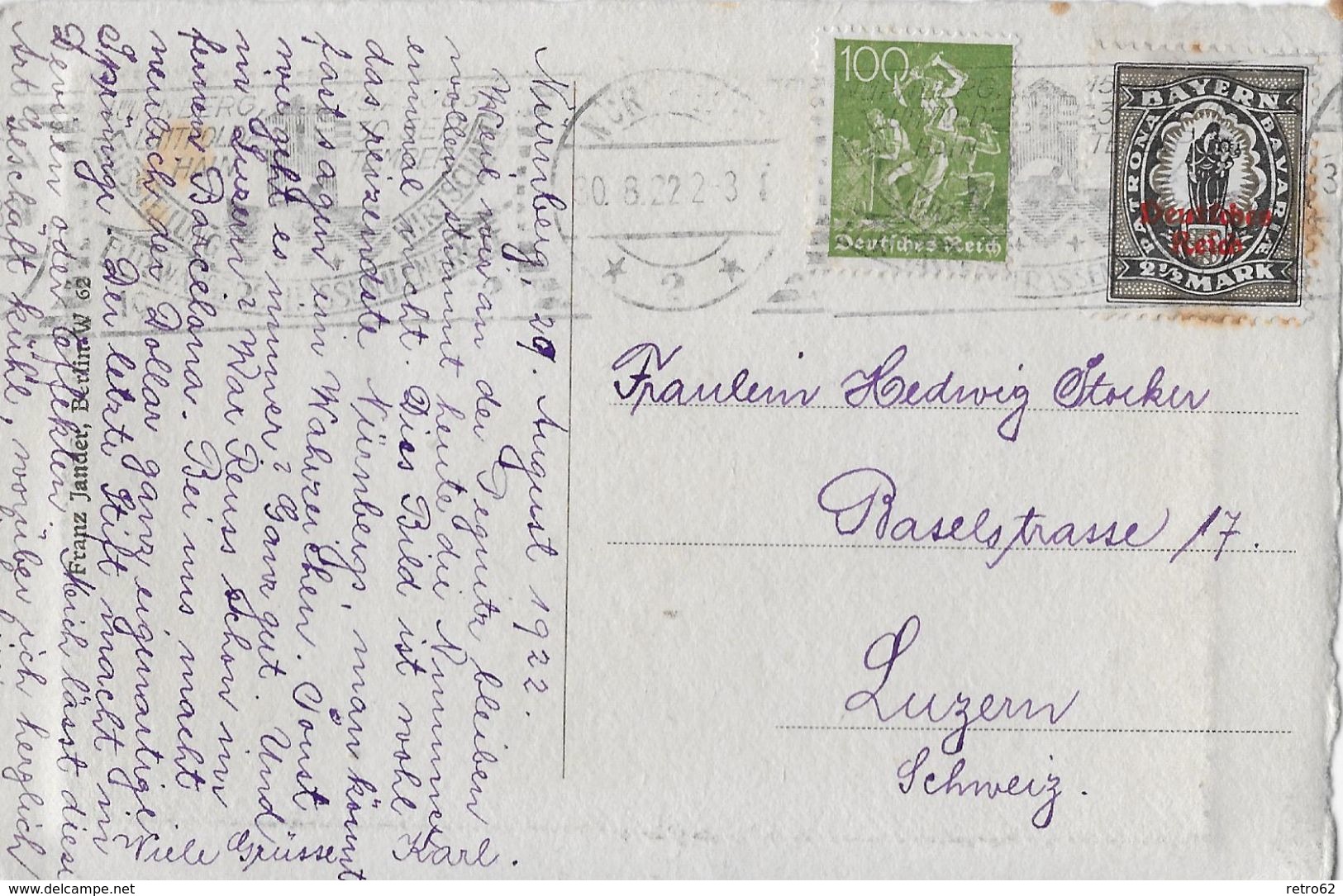 1922 NÜRNBERG &rarr; Karte (Franz Jander Berlin) Mit Mischfrankatur In Die Schweiz &#x25BA;Bayern&#x25C4; - Briefe U. Dokumente