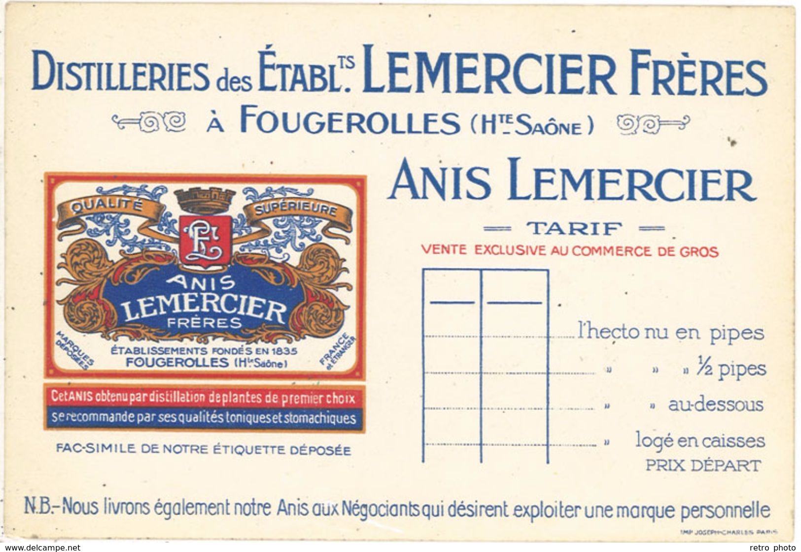 Carte Commerciale - Distilleries Des Ets Lemercier Frères à Fougerolles, Anis, Tarif - Pubblicitari