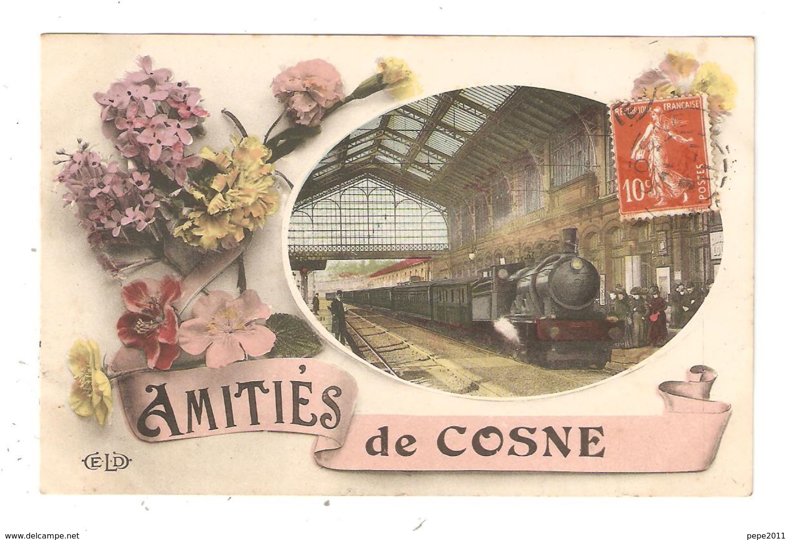 CPA Fantaisie 58 COSNE Amitiés De Cosne Fleurs & Médaillon Avec Train En Gare & Animation - Cosne Cours Sur Loire