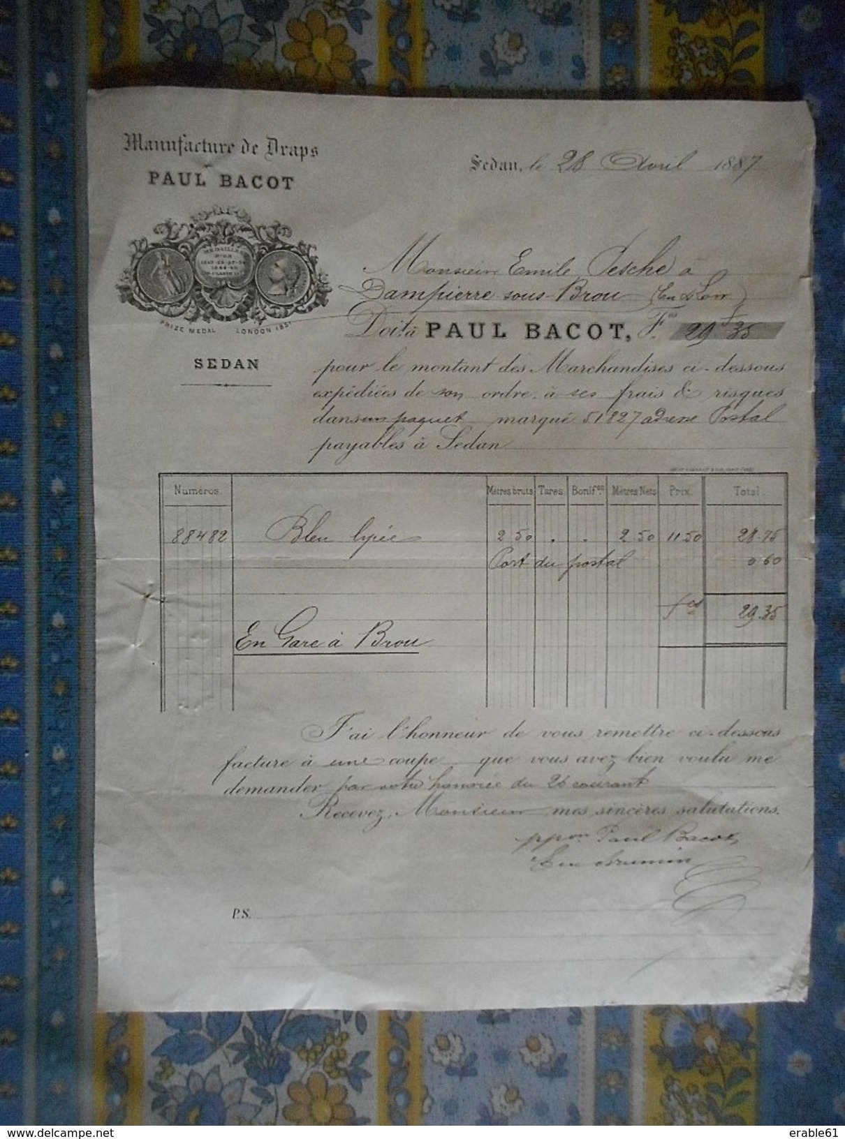 FACTURE 1887 PAUL BACOT MANUFACTURE DE DRAPS A SEDAN - 1800 – 1899