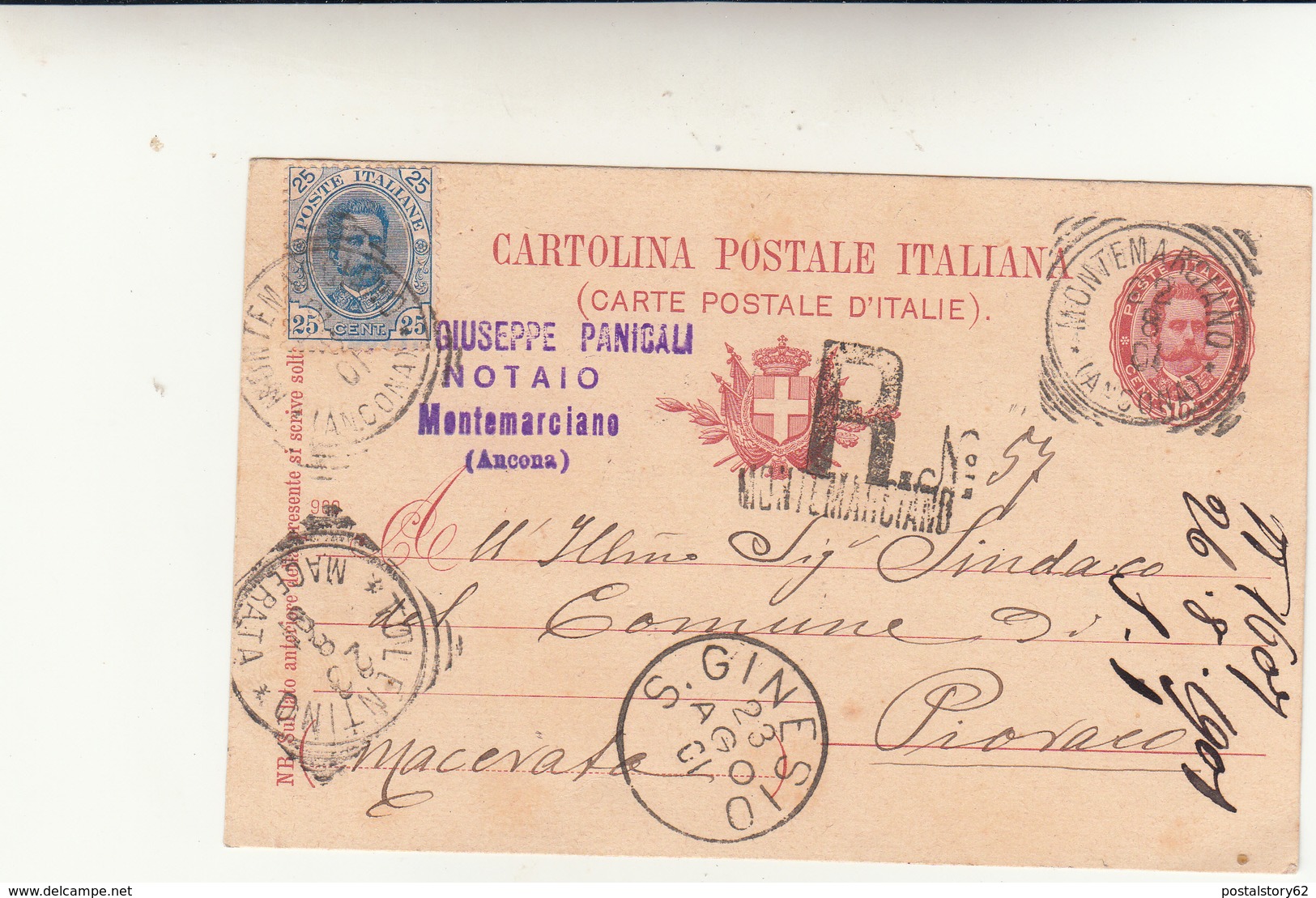 Montemarciano Per Pioraco Su Cartolina Postale Raccomandata. Timbri Tondo Riquadrati Montemarciano+Tolentino 1901 - Storia Postale