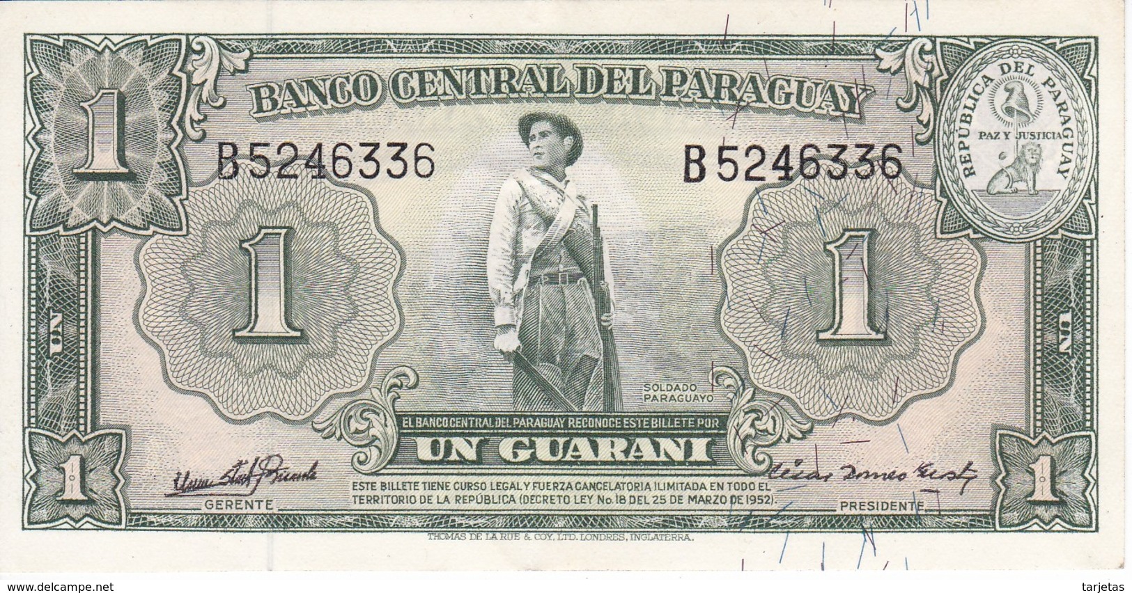 BILLETE DE PARAGUAY DE 1 GUARANI DEL AÑO 1952 EN CALIDAD EBC (XF)  (BANKNOTE) PICK 185 - Paraguay