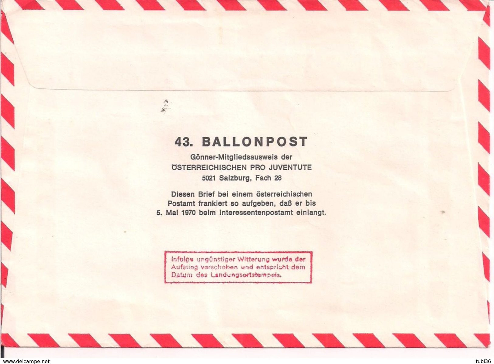 Austria - MIT  Ballonpost 43 Zweite Republik 25 Jahre 10.05.1970 / -0 - Par Ballon