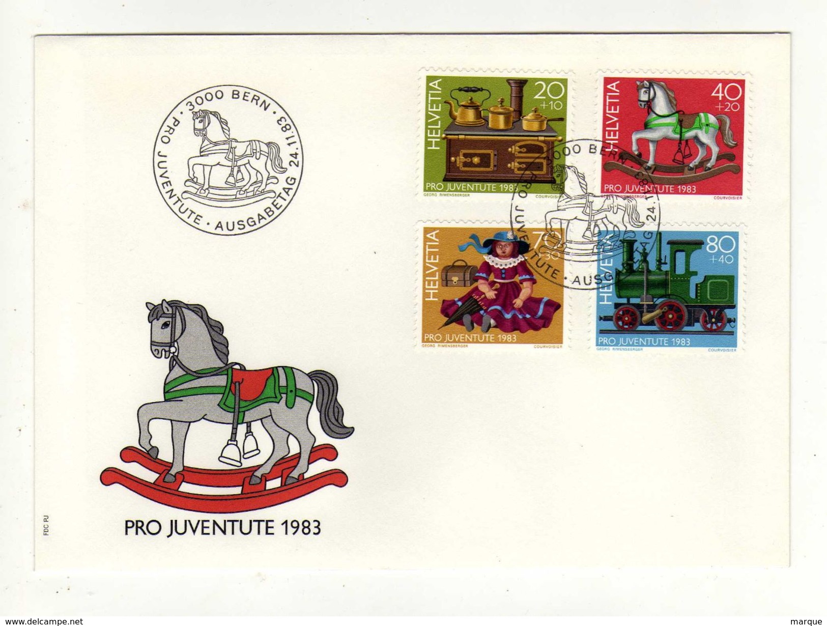 Enveloppe Pro Juventute 1er Jour HELVETIA SUISSE Oblitération 3000 BERN BERNE 24/11/1983 - Storia Postale