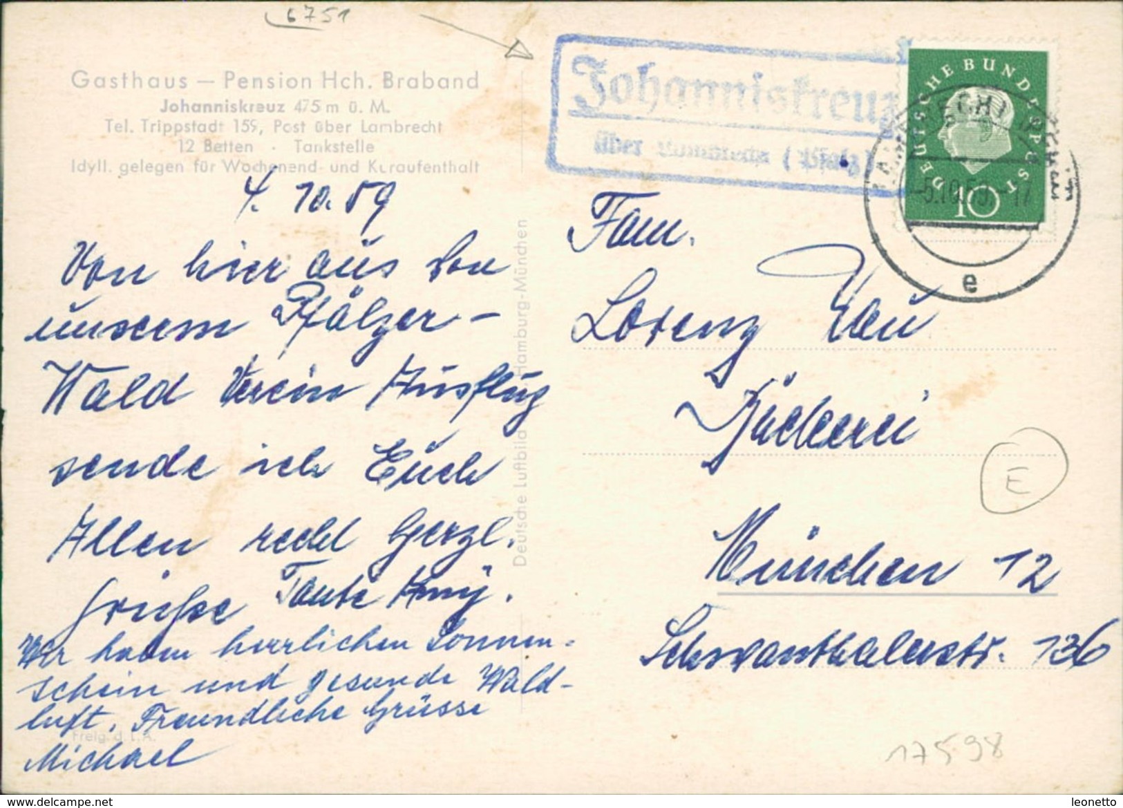 AK Gasthaus Johanniskreuz Tel. Trippstadt, Post über Landau, O 1959, Landpost, Posthiflsstempel (17598) - Other & Unclassified