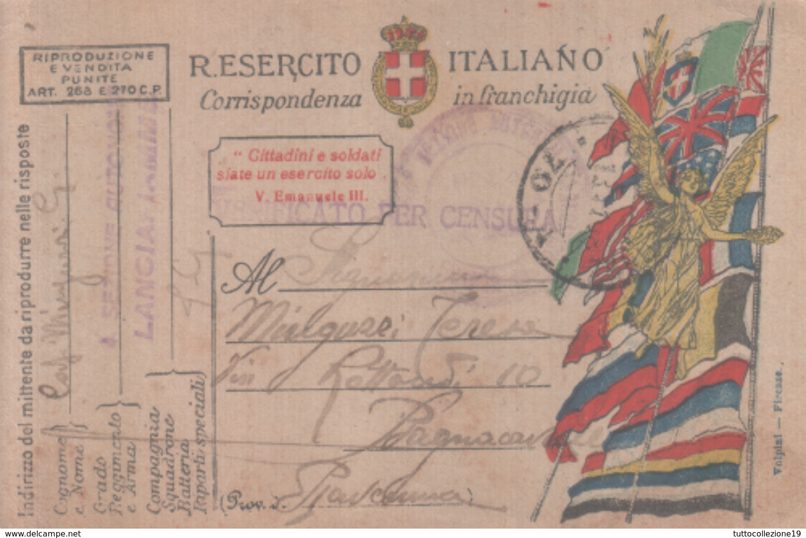 VENDO N.1 CARTOLINA MILITARE IN FRANCHIGIA,DELLA SEZIONE AUTONOMA LANCIAFIAMME,CON POSTA NILITARE.N.70 PERFETTA - Guerre 1914-18