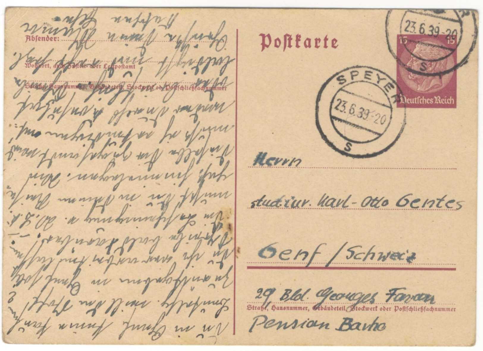 G1 DR Ganzsache Postkarte P 227 Hindenburg 1939 15 Pf. Ausland Schweiz Handstempel Speyer S N. Genf - Other & Unclassified