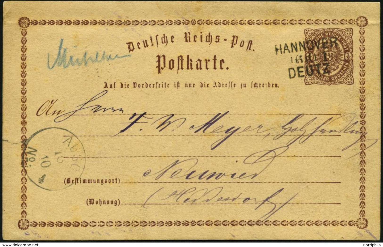 BAHNPOST DR P 1 BRIEF, Hannover-Deutz, L3 Und Handschriftlich MÜHLHEIM Auf 1/2 Gr. Ganzsachenkarte Von 1875, Feinst - Maschinenstempel (EMA)