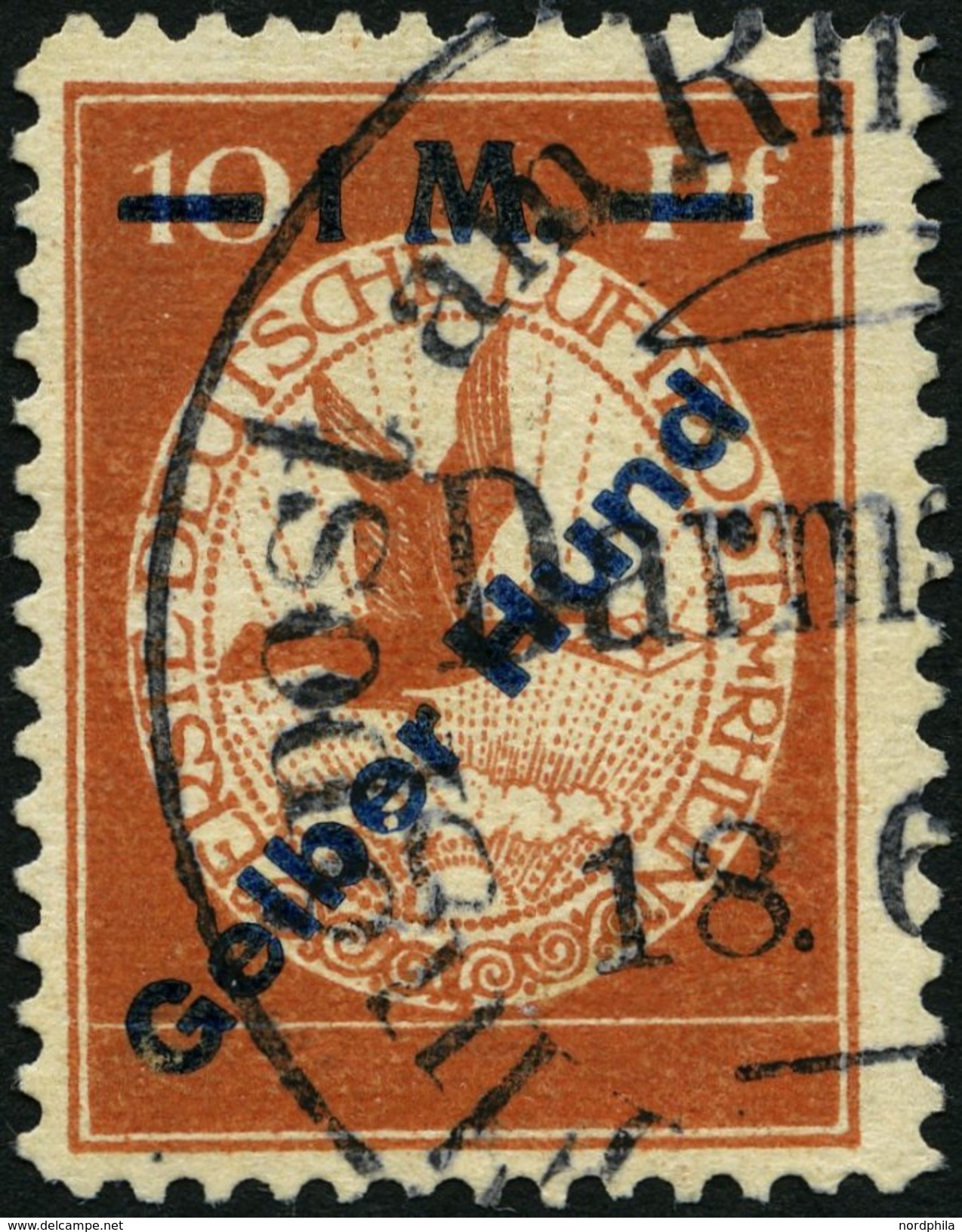 Dt. Reich IV O, 1912, 1 M. Auf 10 Pf. Gelber Hund, Pracht, Mi. 200.- - Gebraucht