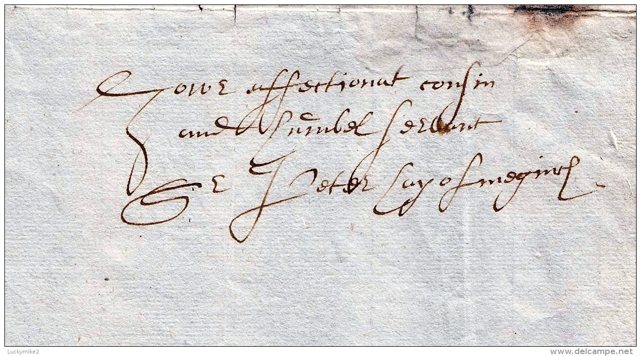 1663 Letter From "Sir Peter Ley Of Megginch(?)"  'to His Honored Cousin These Present'.    Ref 0378 - Other & Unclassified