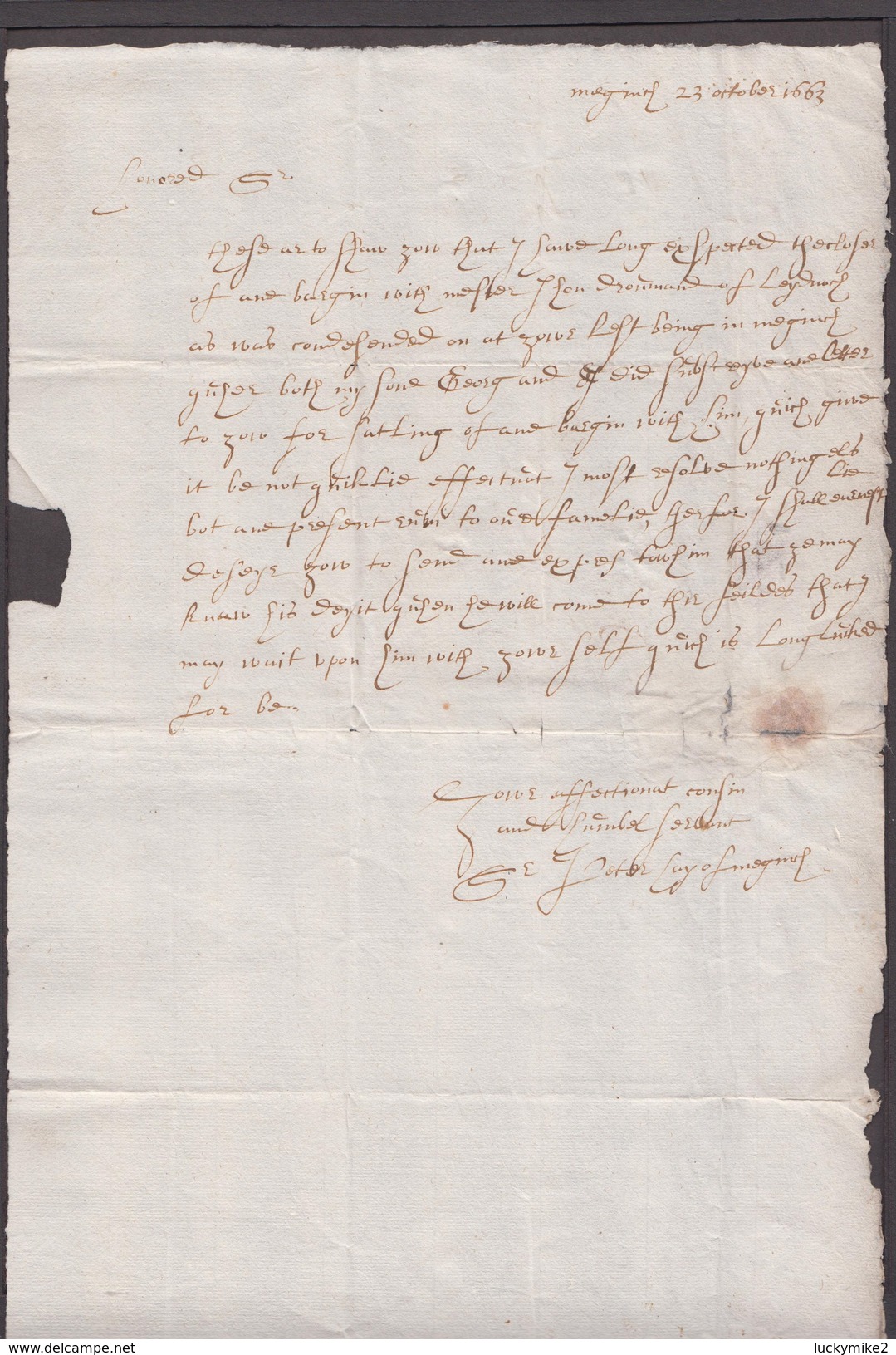 1663 Letter From "Sir Peter Ley Of Megginch(?)"  'to His Honored Cousin These Present'.    Ref 0378 - Other & Unclassified