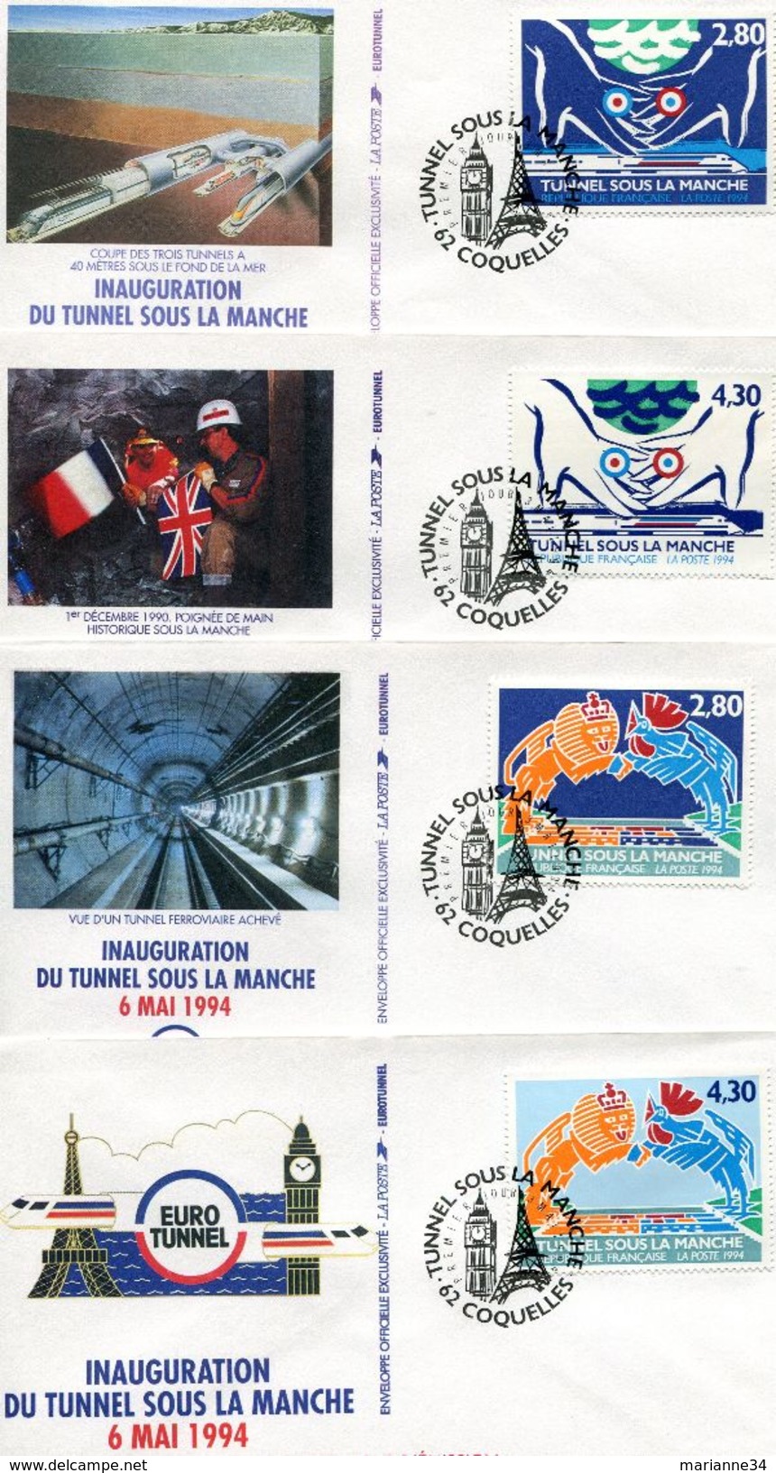 France-1994-FDC-inauguration Du Tunnel Sous La Manche-4 Enveloppes TBE - 1990-1999