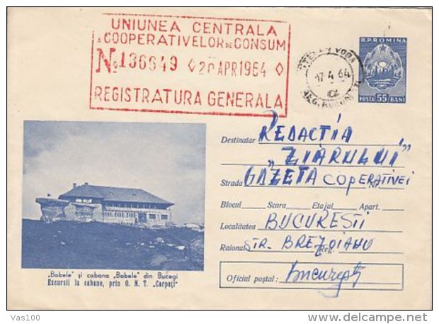 TOURISM, BUCEGI MOUNTAINS- BABELE CHALET, THE ROCKS, COVER STATIONERY, ENTIER POSTAL, 1964, ROMANIA - Other & Unclassified