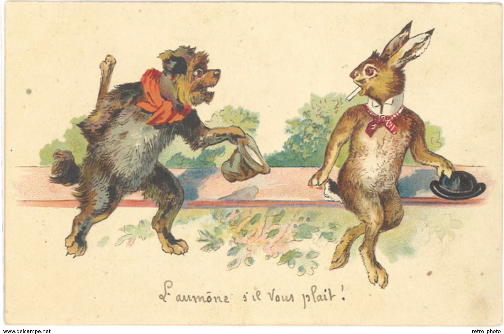 Cpa Fantaisie -  Animaux Humanisés, Chien Et Lapin, Aumône    ( FA ) - Dressed Animals