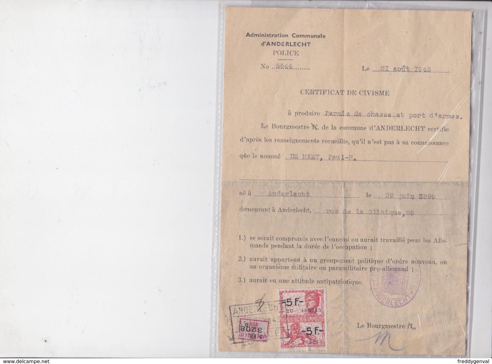 ANDERLECHT CERTIFICAT DE CIVISME - Documents Historiques