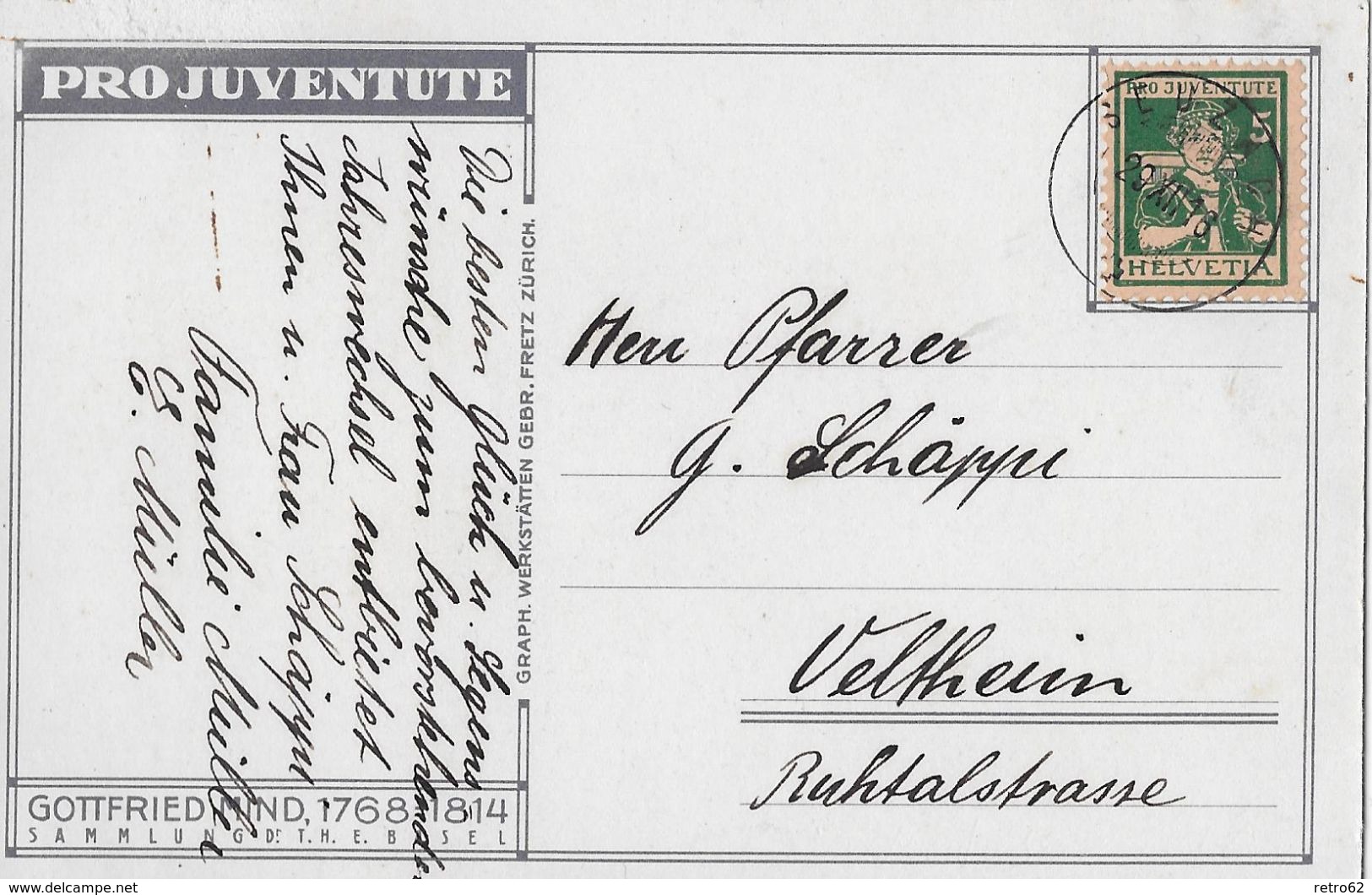 PRO JUVENTUTE &rarr; 1916 Offizielle Karte (Gottfried Minder 1768-1814)   &#x25BA;SBK-J5 Berner Sennenbub) - Lettres & Documents