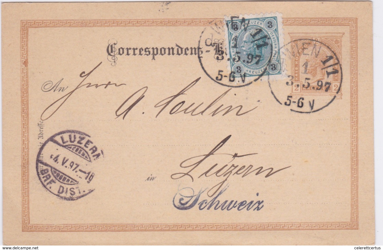 Austria-1897 Uprated 2 Kr Brown PS Postcard To 5 Kr And Sent From Vienna 1 To Luzern, Switzerland - Covers & Documents