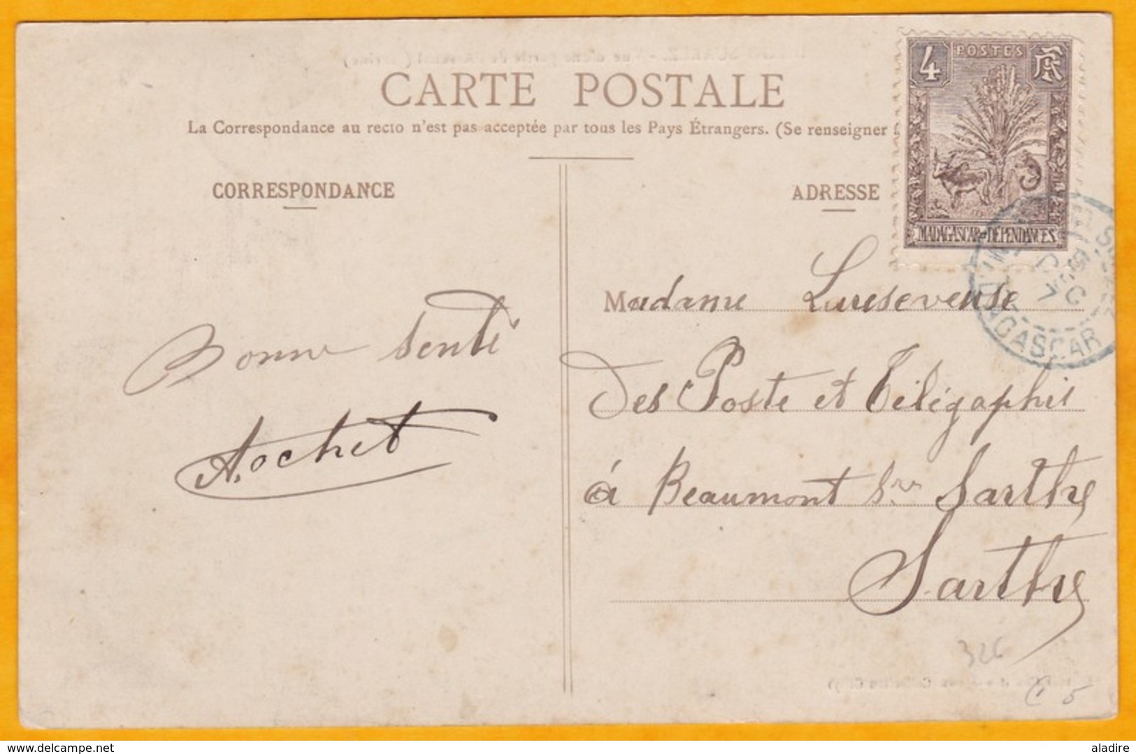 1907 - CP De Diego Suarez, Madagascar Vers Beaumont Sur Sarthe - Affrt 5 F Palmiers - Covers & Documents