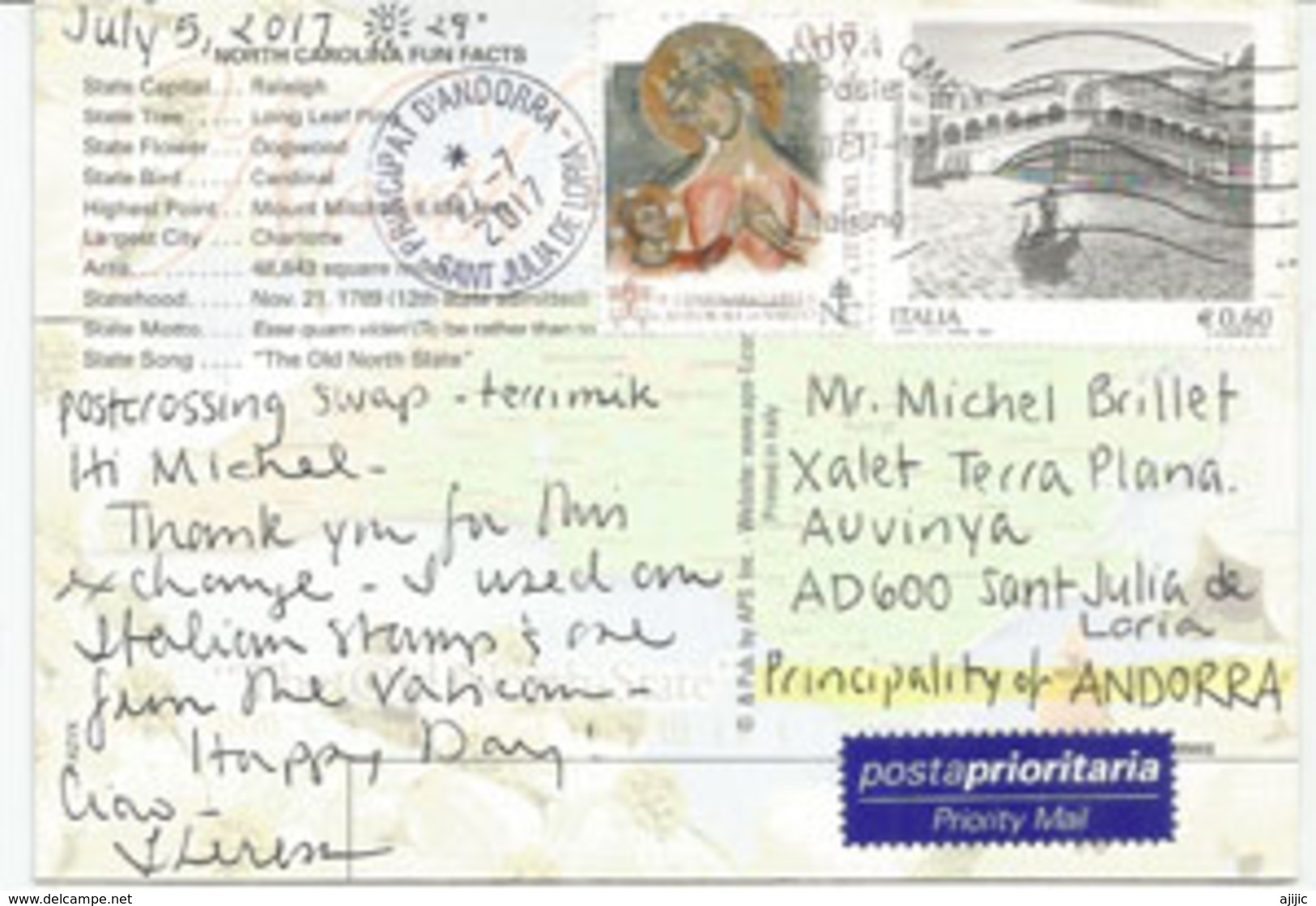 USA. North-Carolina Map & Fun Facts, Postcard Addressed To ANDORRA, With Arrival Postmark - Cartes Géographiques