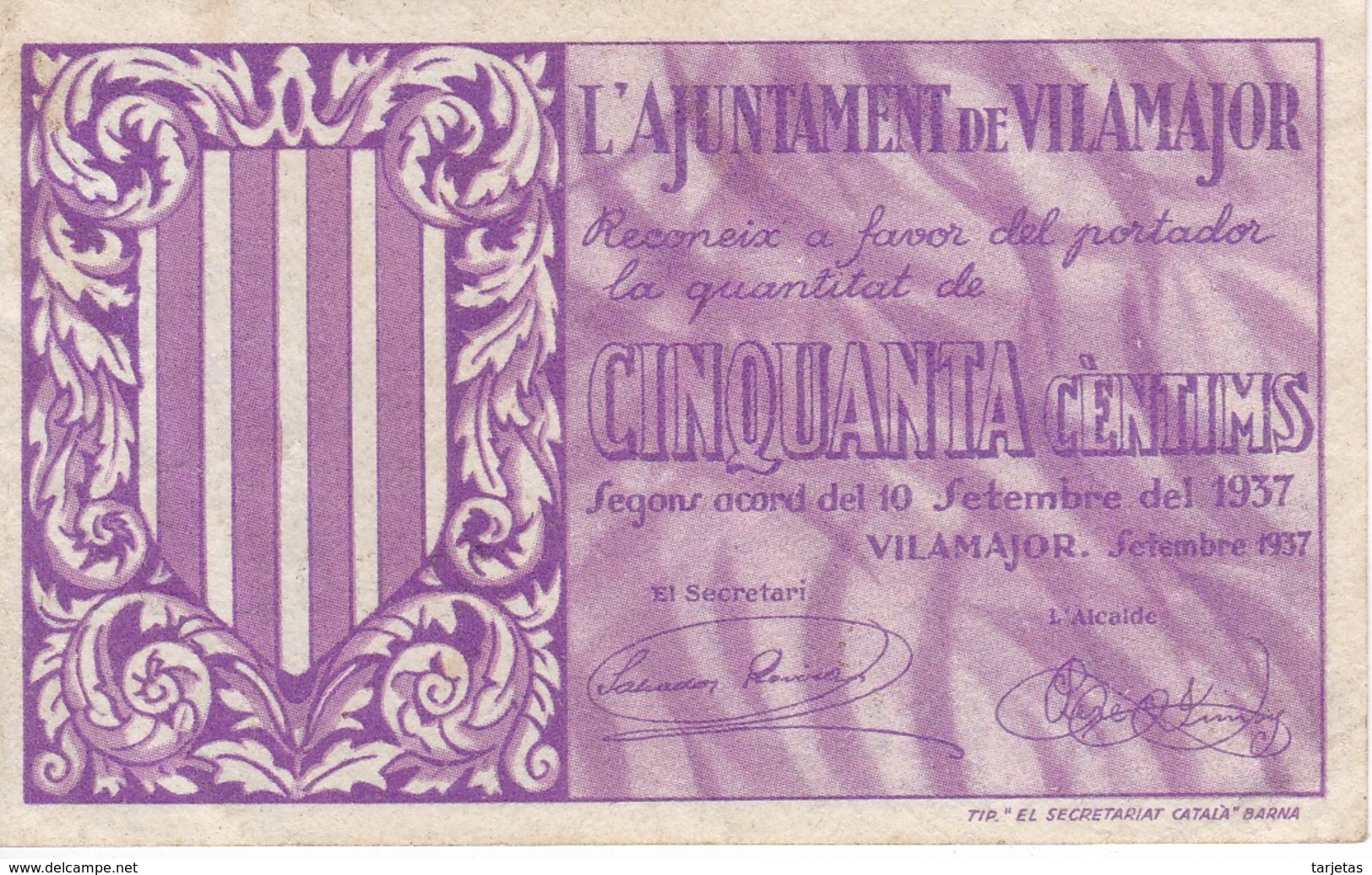 BILLETE DE 50 CENTIMOS DEL AJUNTAMENT DE VILAMAJOR DEL AÑO 1937  (BANKNOTE) - Otros & Sin Clasificación