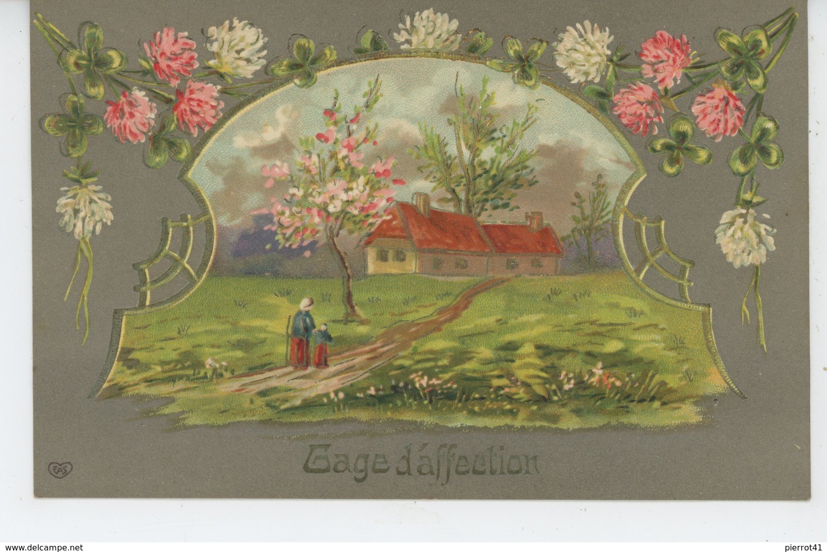 FLEURS - Jolie Carte Fantaisie Gaufrée Fleurs Trèfle Et Village "Gage D'affection " (embossed Postcard) - Fleurs