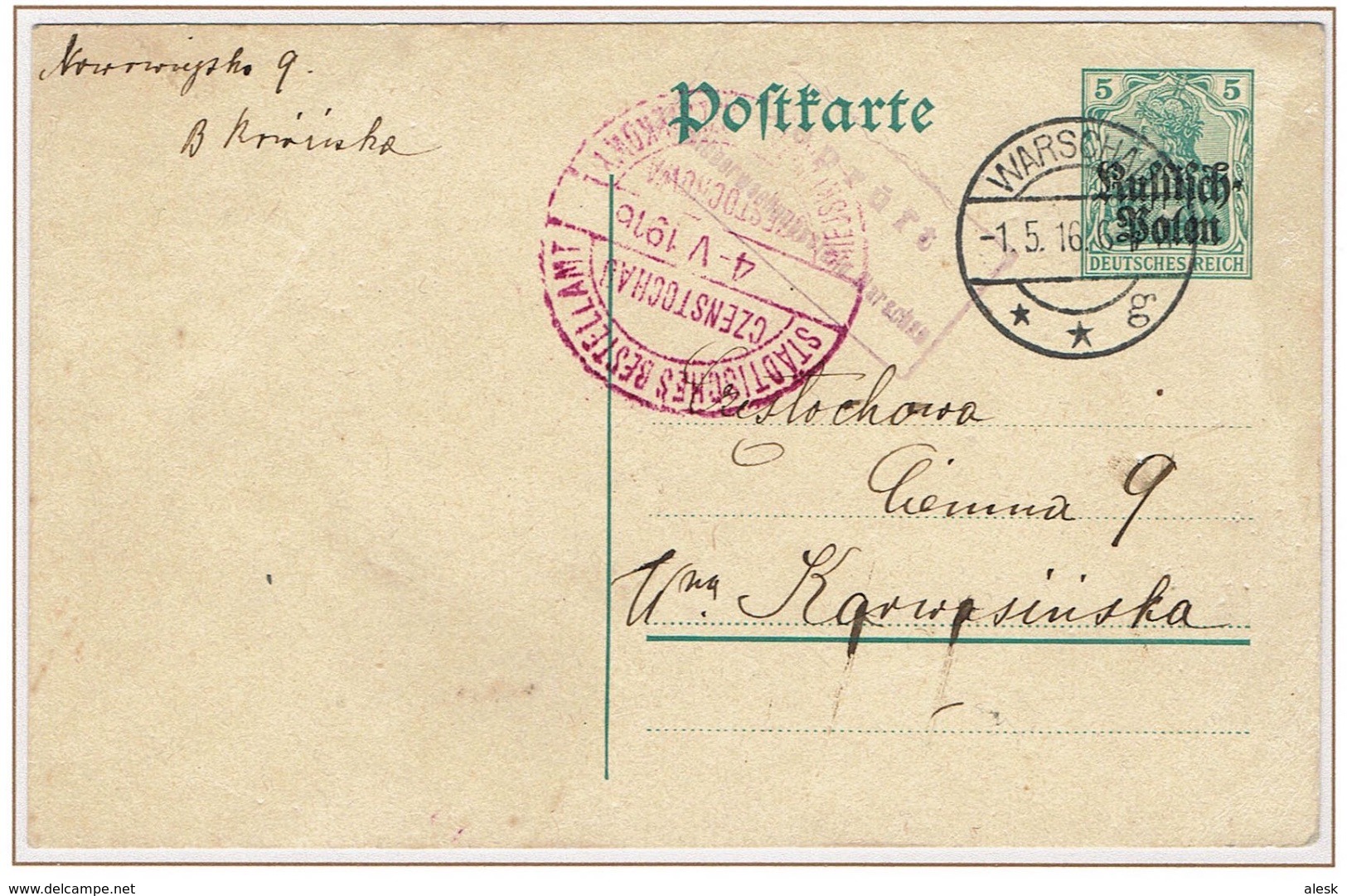 CZESTOCHOWA - Poste Locale Sur Carte Postale Censurée - Varsovie Oblitération 1 Mai 1916 Arrivée Le 4 Mai 1916 - Briefe U. Dokumente