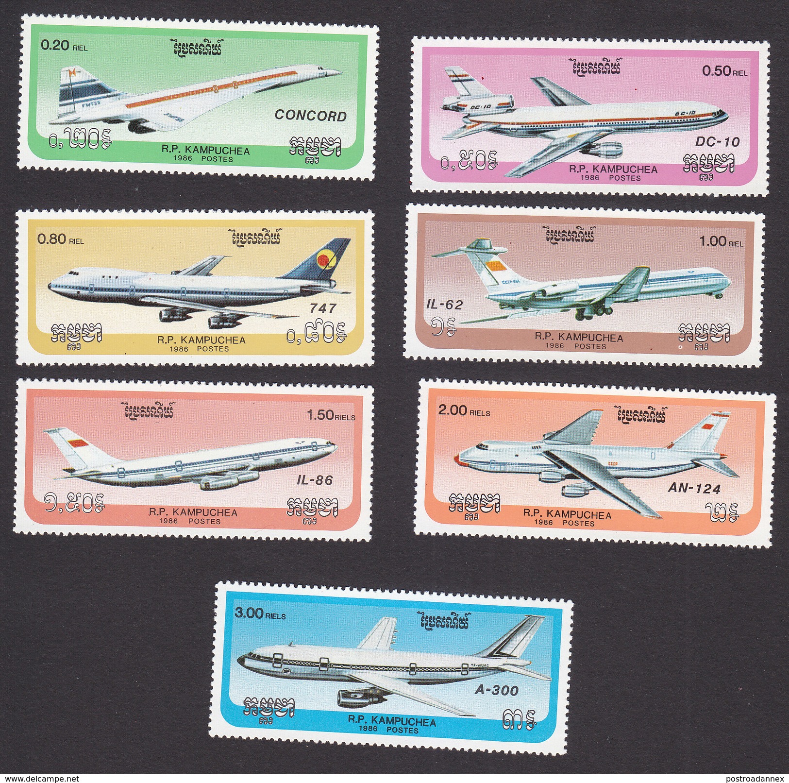 Cambodia, Scott #735-741, Mint Hinged, Airplane, Issued 1986 - Cambodge